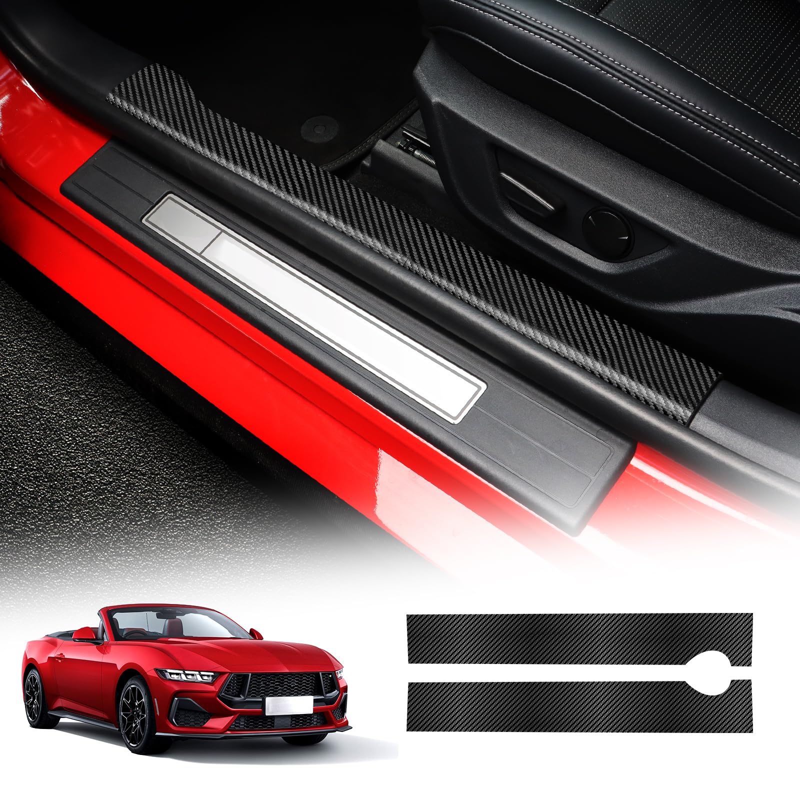 KUNGKIC for Ford Mustang 2024 2025 Car Door Edge Guards Sill Protector Stickers Film Anti-Collision Scuff Plate Cover All Weather Interior Accessories (PU, Carbon Fiber Pattern)
