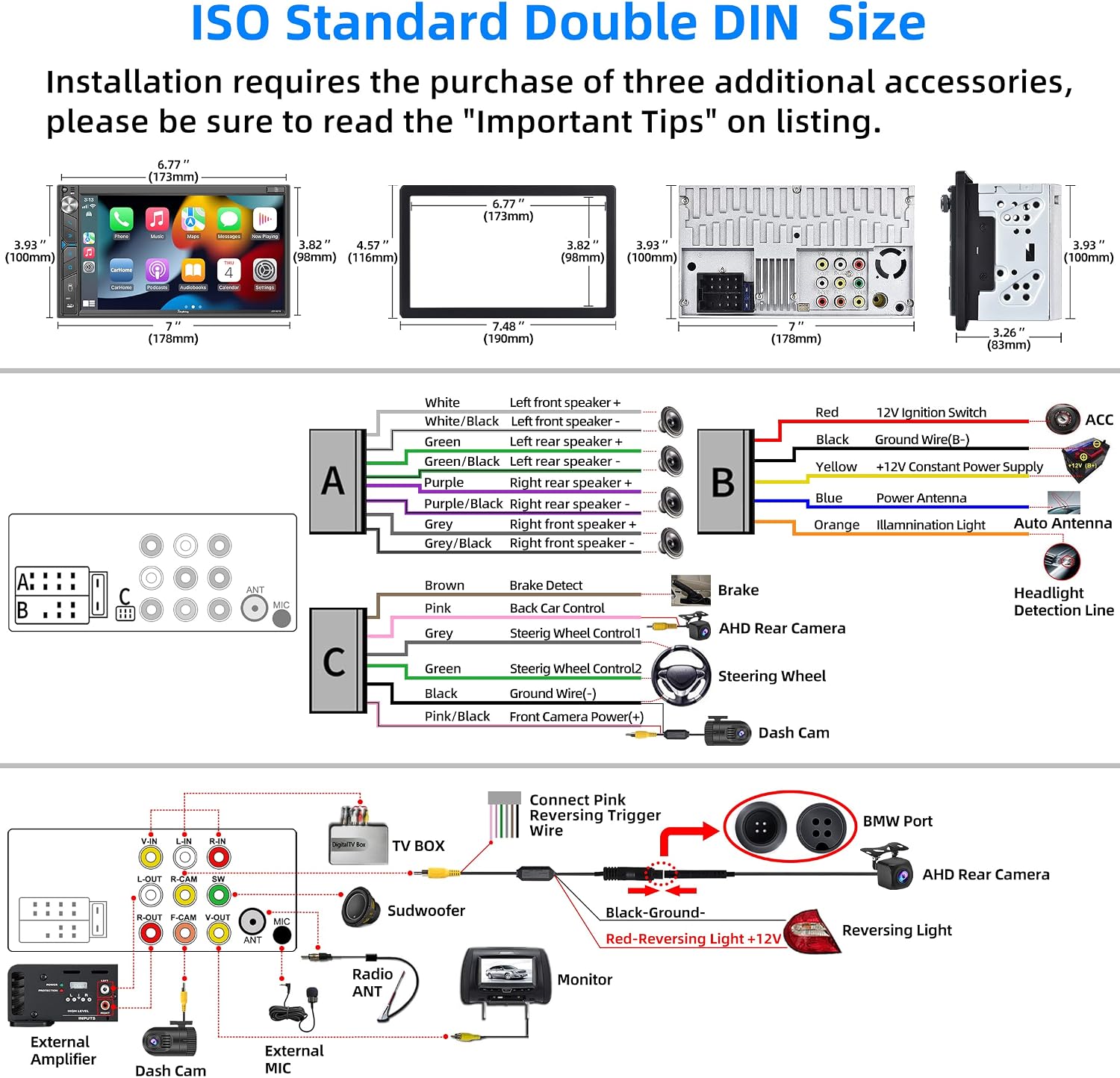 Double Din Car Stereo with Dash Cam - Voice Control Carplay, Android Auto, Steering Wheel Controls, 7" HD Touchscreen, Backup Camera, Bluetooth, Mirror Link, Subw, USB/TF/AUX, AM/FM Car Radio Receiver