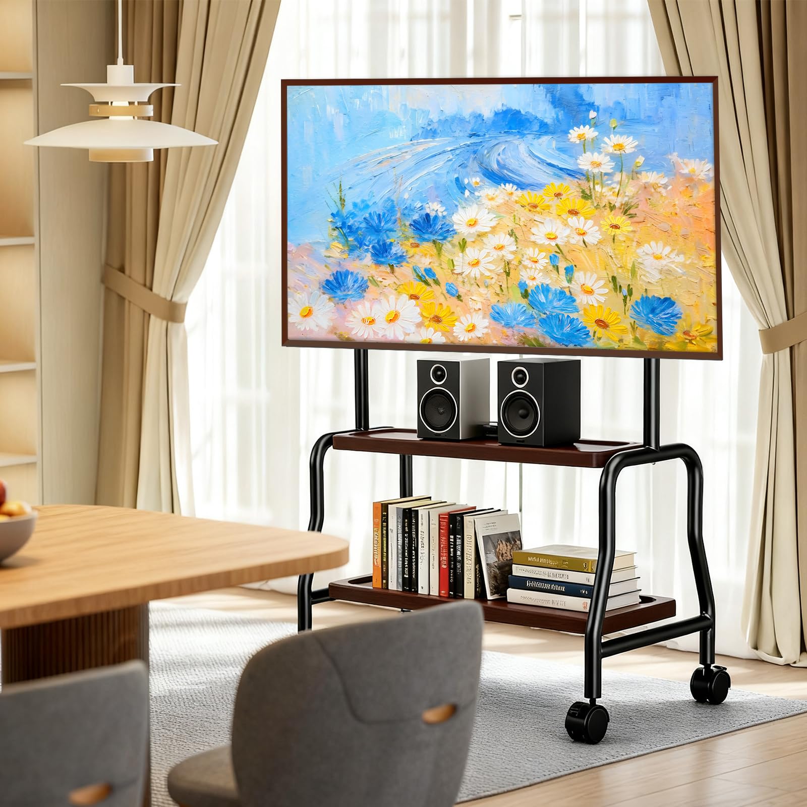 Soporte de TV enrollable para televisores de 32 a 75 pulgadas de hasta 50 kg, soporte de TV con ruedas con estante de madera, soporte de suelo para TV de altura ajustable, máx. VESA 600 x