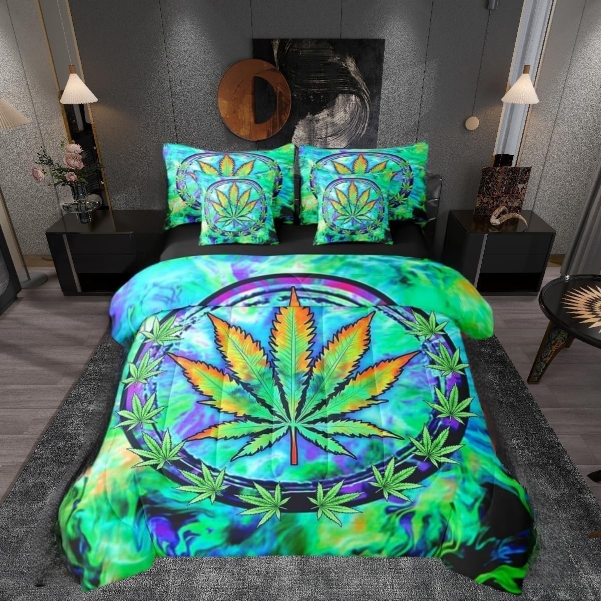 7 Pieces Queen Size Cannabis Leaf Comforter Set,Marijuana Weed Psychedelic Bedding Set for Boys Girls,Tie-dye Graffiti Trippy (Comforter+Fitted+Flat Sheet+2 Pillowcases+2 Throw Pillow Covers)