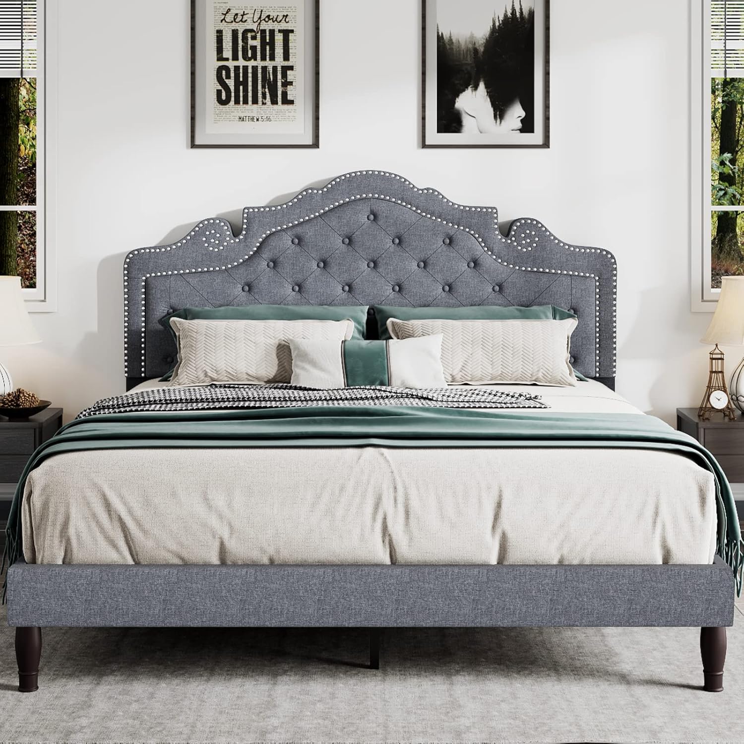 SHA CERLIN Queen Bed Frame with Adjustable Headboard/Fabric Upholstered