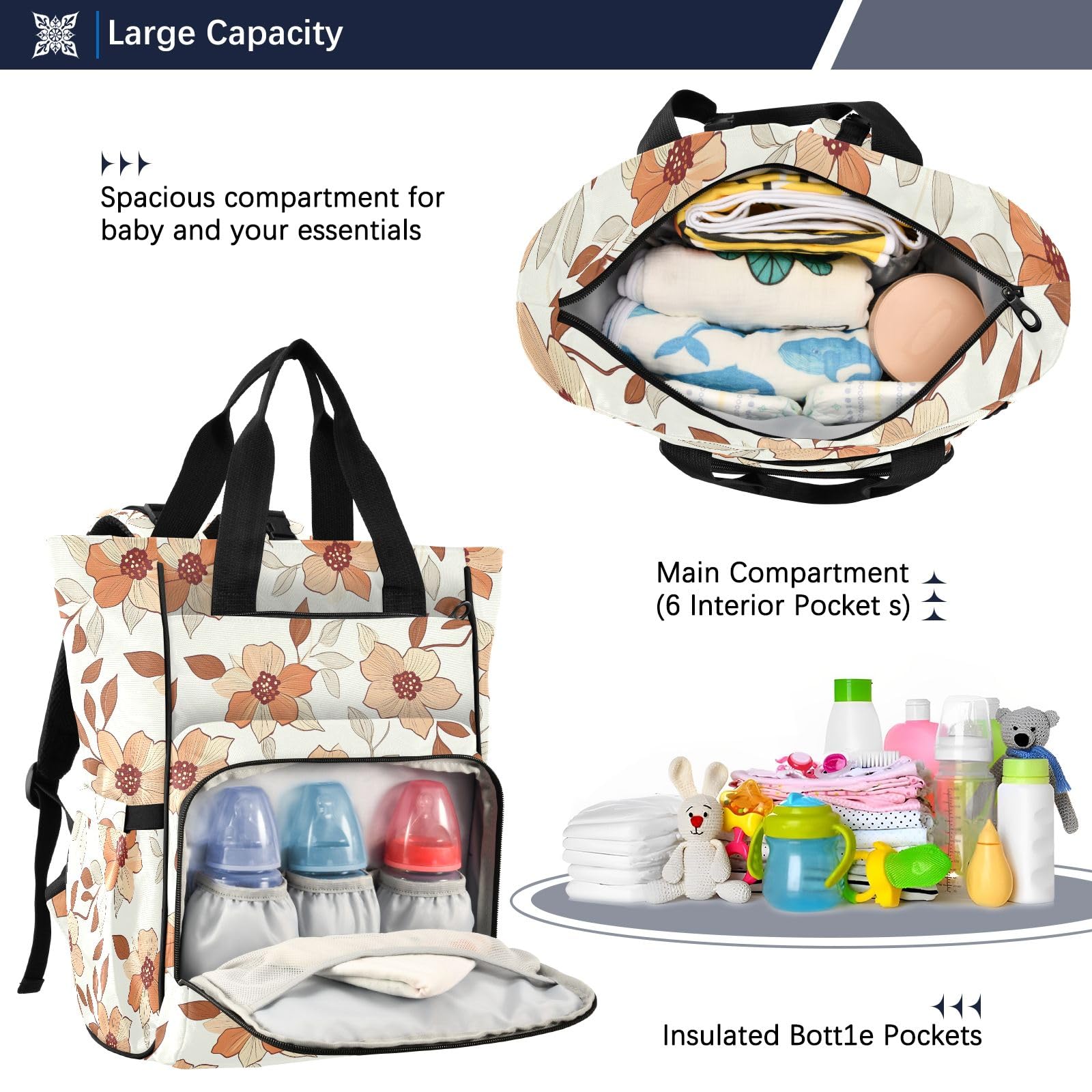 Mnsruu Borsa per pannolini per bambini con motivo floreale disegnato a mano borsa grande borsa impermeabile da viaggio borse per pannolini per mamme e papà