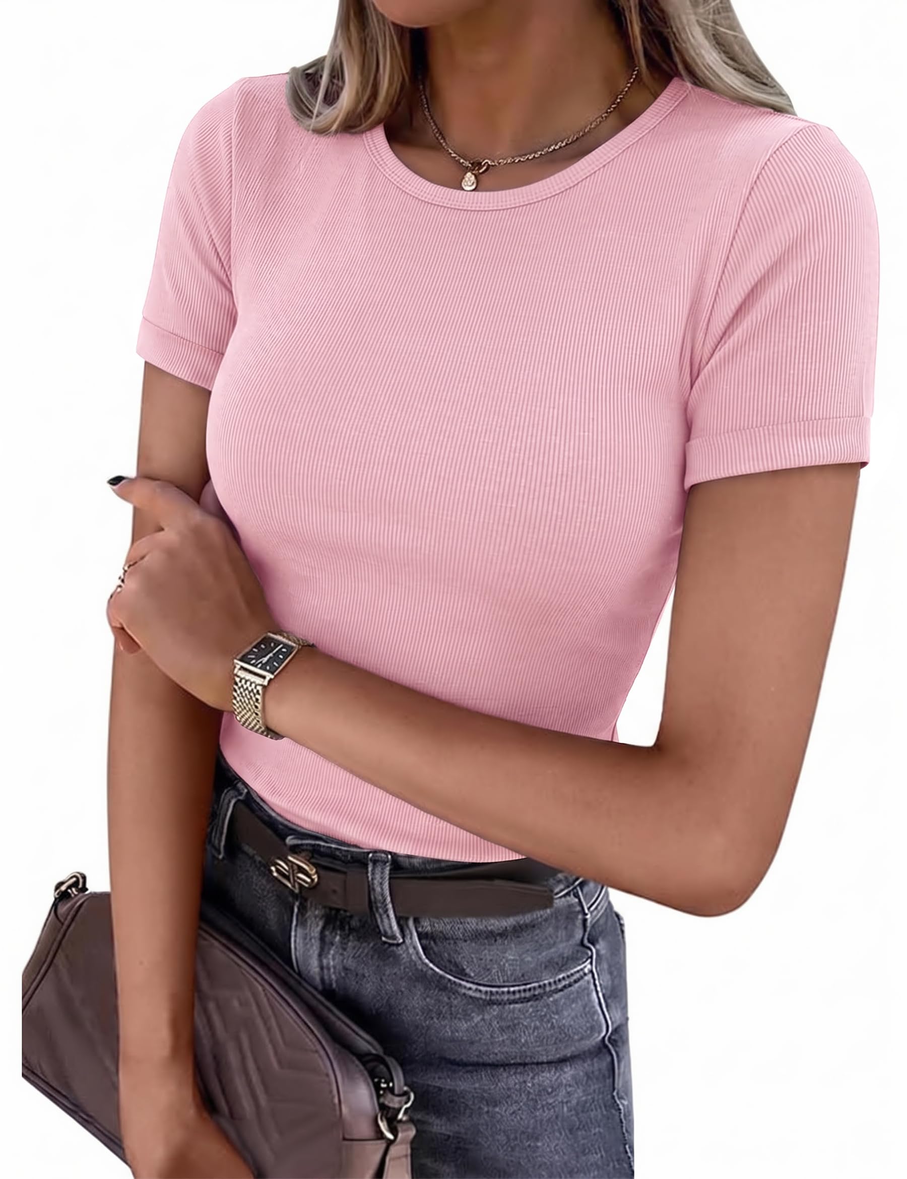 Demegimi Damen Sommer T-Shirt Slim Fit Rundhals Geripptes Basic Shirt Figurbetont aus Viskose Kurzarm Oberteil für Büro Freizeit