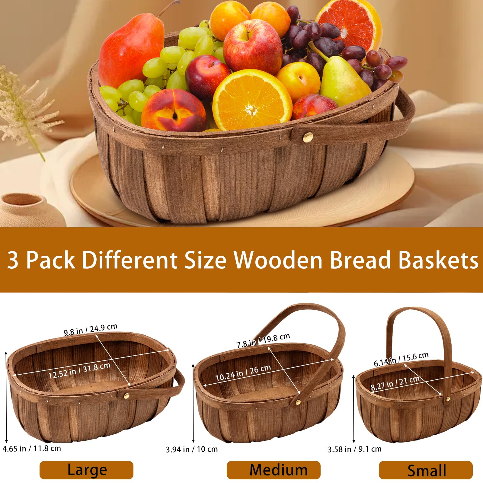 Paquete de 3 cestas de madera para pan, cesta de picnic tejida a mano con asas, organizador de almacenamiento para verduras, frutas, bodas, 3 tamaños
