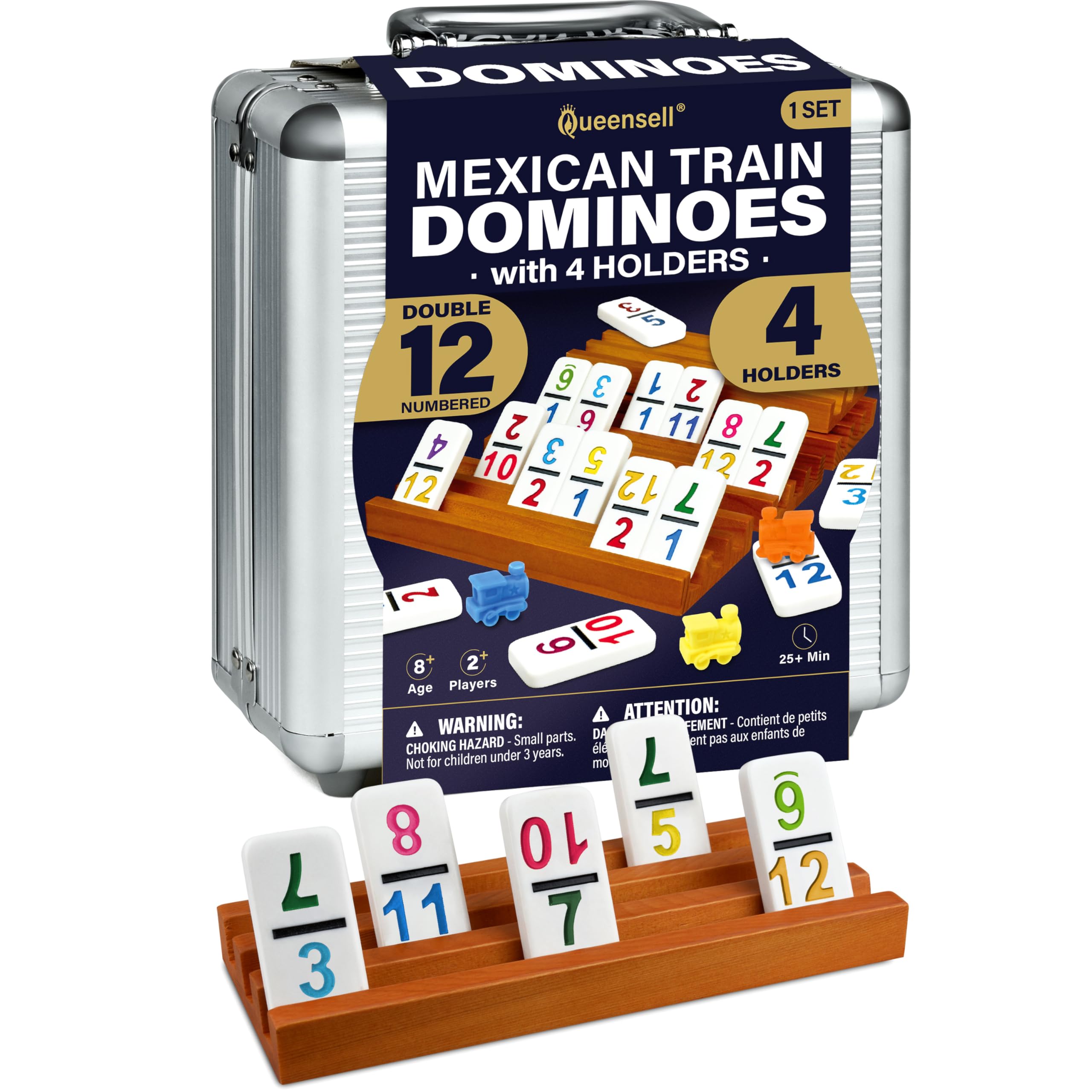 Queensell Mexican Train Dominoes Set with Numbers and 4 Holders - Wooden Hub and Domino Holders - Double 12 with Numbers — image 1