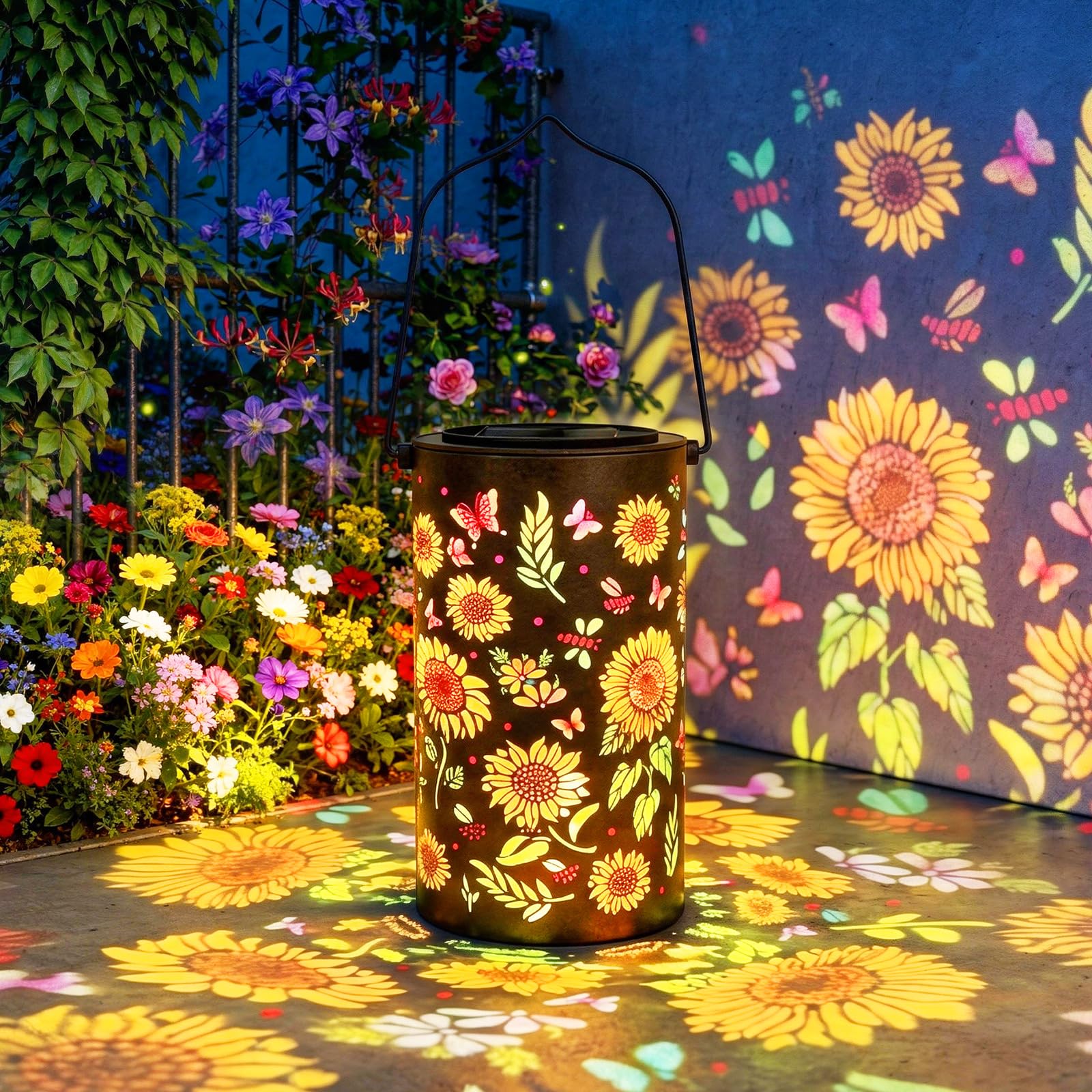 Sonnenblumen Solarlaterne für Draußen, Solarlampen für Außen, IP44 Wasserdicht Ausgehöhlte Metall Hängedekolichter mit Handle für Terrasse Rasen Garten Dekorative, Geschenke für Mama Oma Frauen