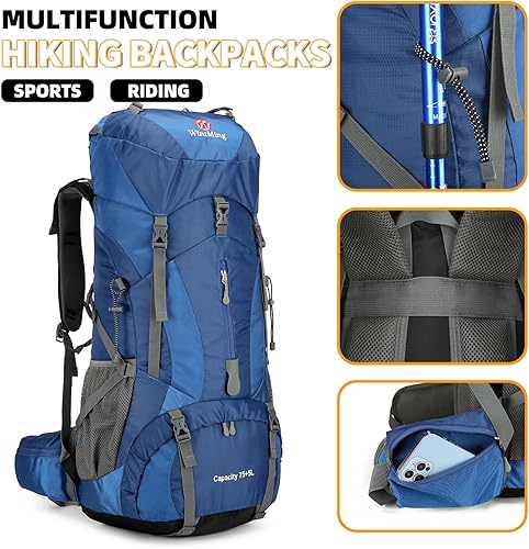 Miniatura 2 de Mochila de senderismo de 75L para hombres y mujeres, mochila de camping impermeable al aire libre con cubierta de lluvia, Azul marino, Mochilas de