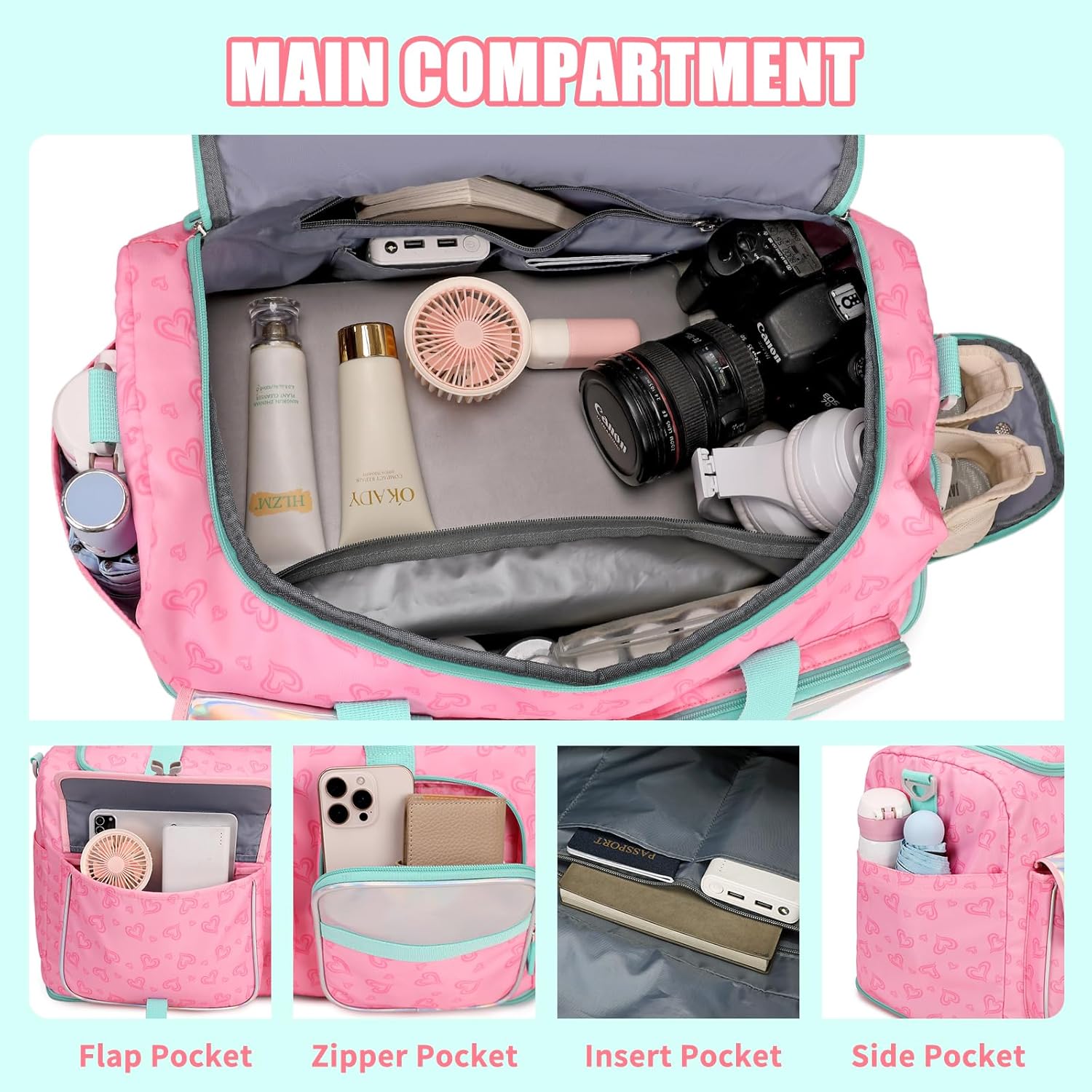 PIG PIG GIRL Women's Gym Bag Travel Duffel 40L Expandable 8L with Shoe Compartment Wet Pocket for Yoga Fitness Overnight Weekender Black, Pink