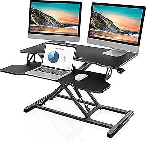 FITUEYES Height Adjustable Standing Desk 32” Wide Sit to Stand Converter Stand Up Desk Tabletop Workstation for Dual Monitor Riser FSD308001WB