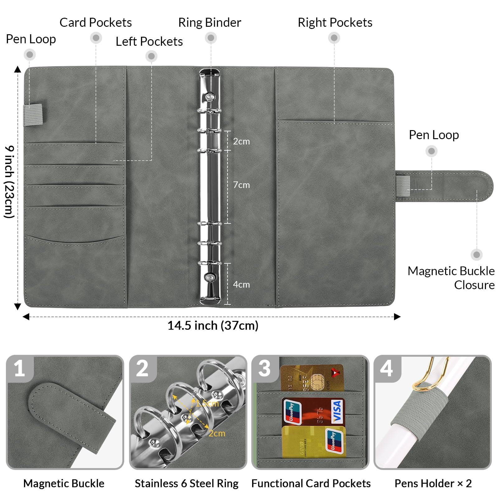Raccoglitore A5 SKYDUE In Similpelle | 6 Anelli Ricaricabili | Con Tasche E Portapenne | Nero - Foto 12