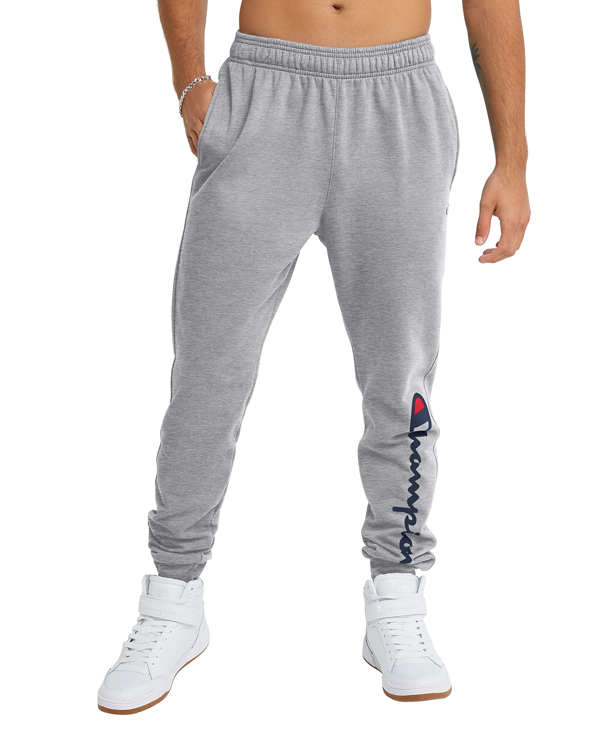 Champion Men's Powerblend Sweatpants, Oxford Gray - 15 Script Low Leg, XXL