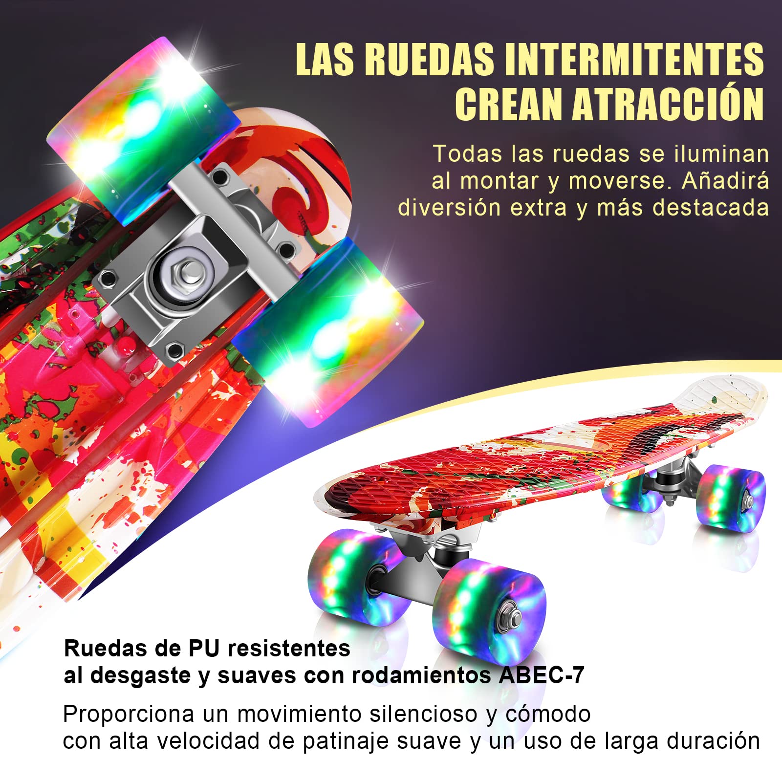 Monopatín Skateboard Completo Niños con 4 Ruedas LED para Niño y Niña Penny Board Mini Cruiser de 55CM con Herramienta T de Patinete Todo-en-uno