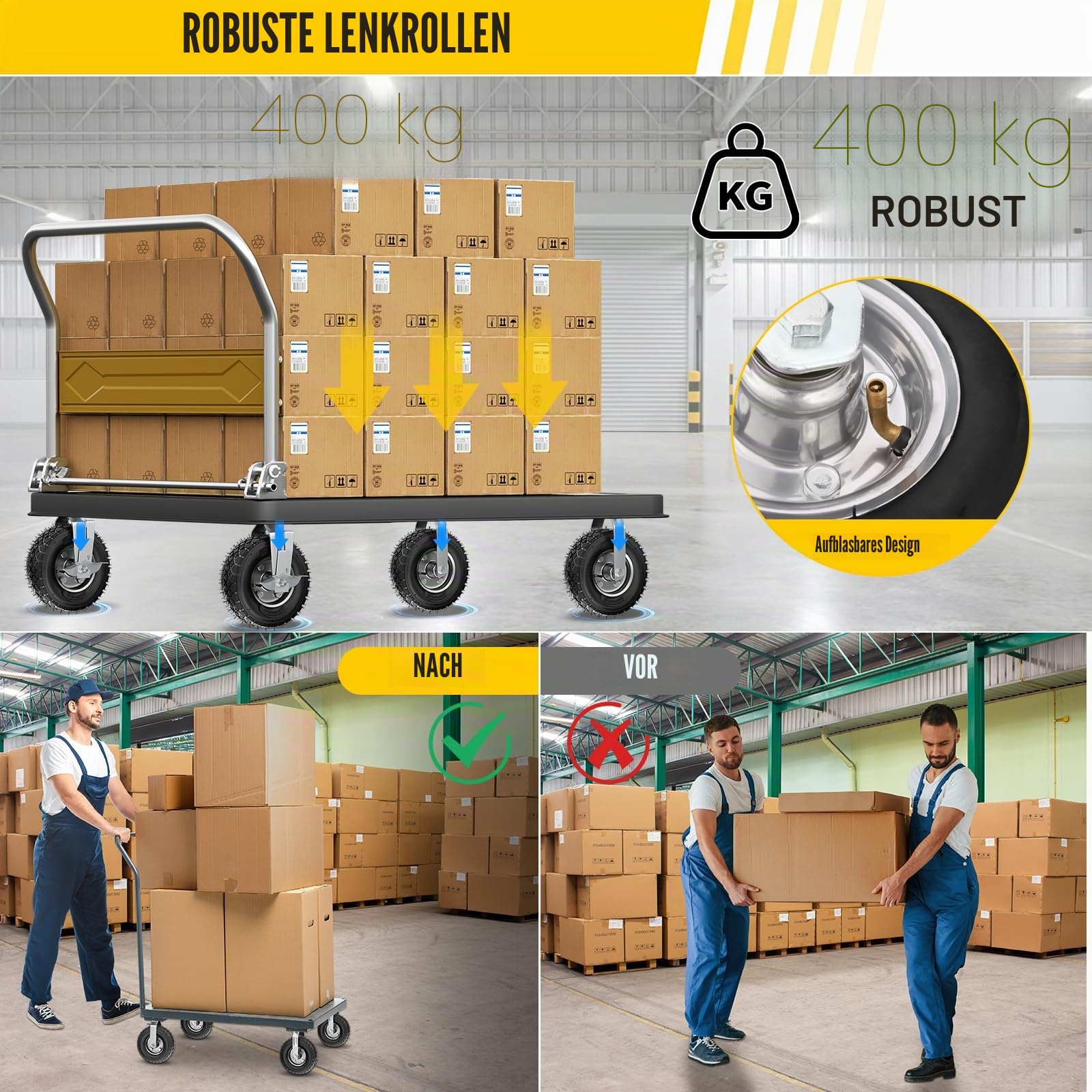 4 Stück 200mm Schwerlastrollen, Gesamt-Tragkraft 400kg, 360° drehbare leise Gummirollen mit Bremse, für Möbel, Transportwagen, Werkbank & Industriegeräte (2 Lenkrollen + 2 Bremsrollen)