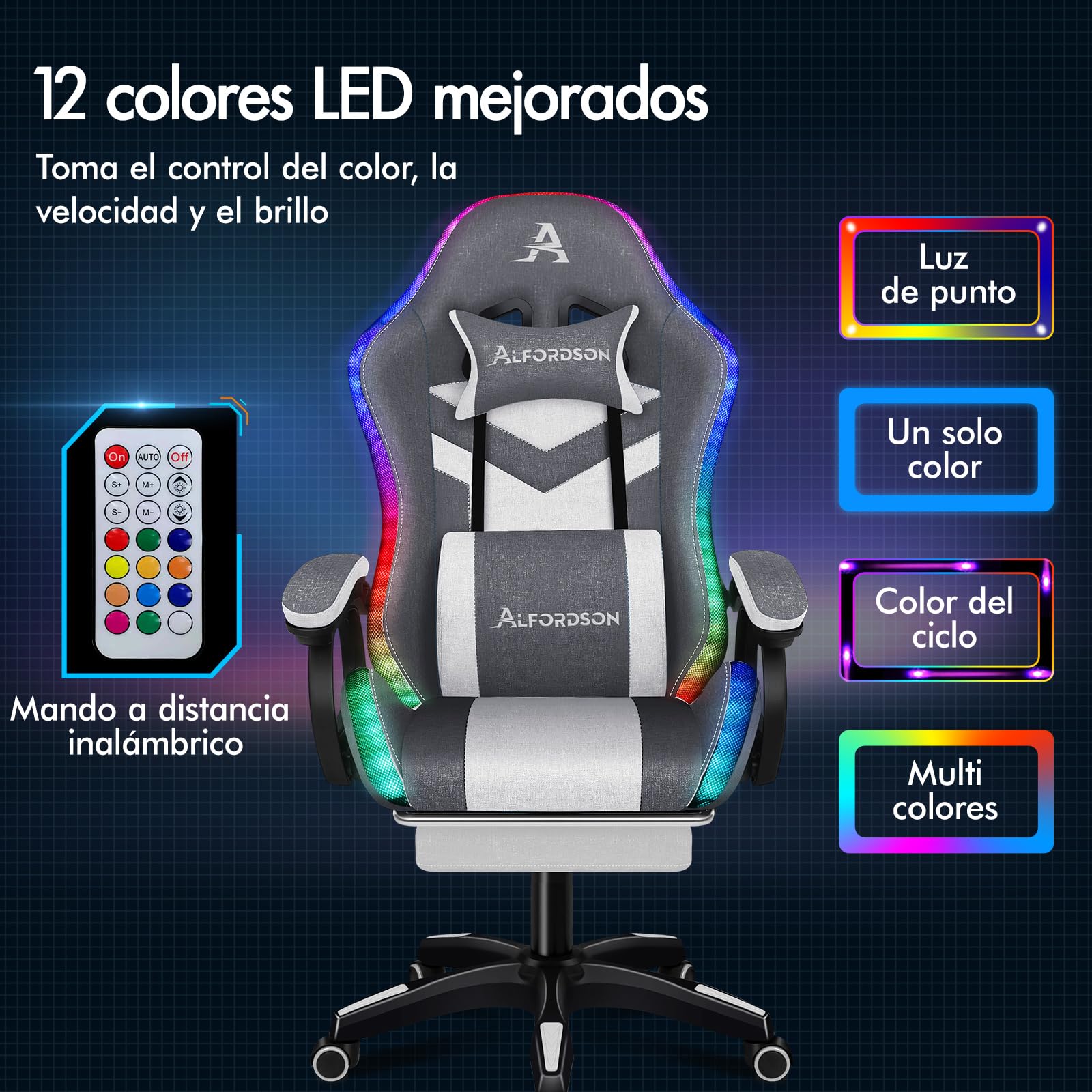 ALFORDSON Silla Gaming con Masaje y LED, Silla Gamer Ergonómica con Cojín Lumbar y Cervical, Reposapiés Telescópico, Iluminación para Ordenador, Videojuego, Juegos, Oficina, Lino(Gris con Splicing)