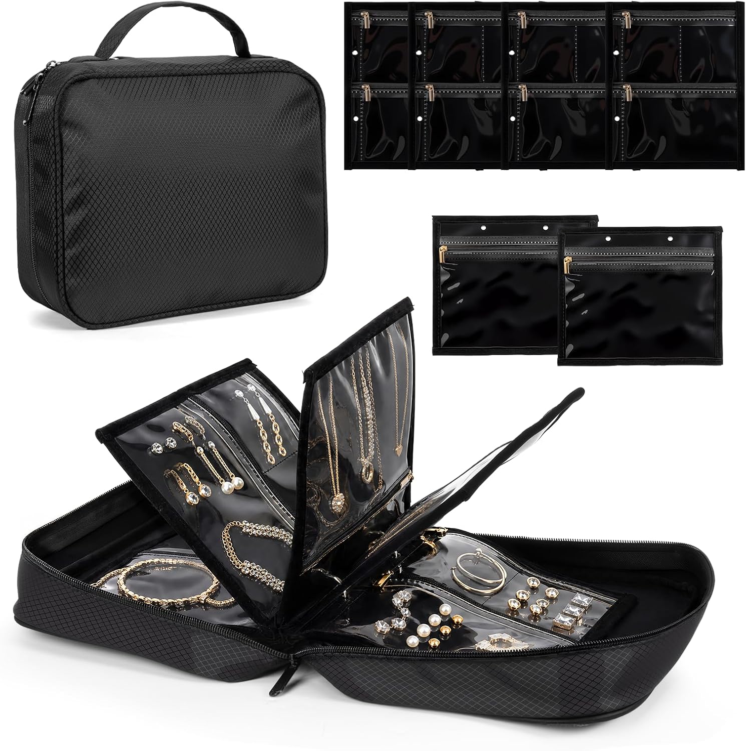 Jewelry Organizer Case with 28 Pcs Clear Zipper Velvet Pouches, Jewelry Organizer Bag for Traveling Necklace, Earrings, Rings, Bangle, Bracelet and Watch