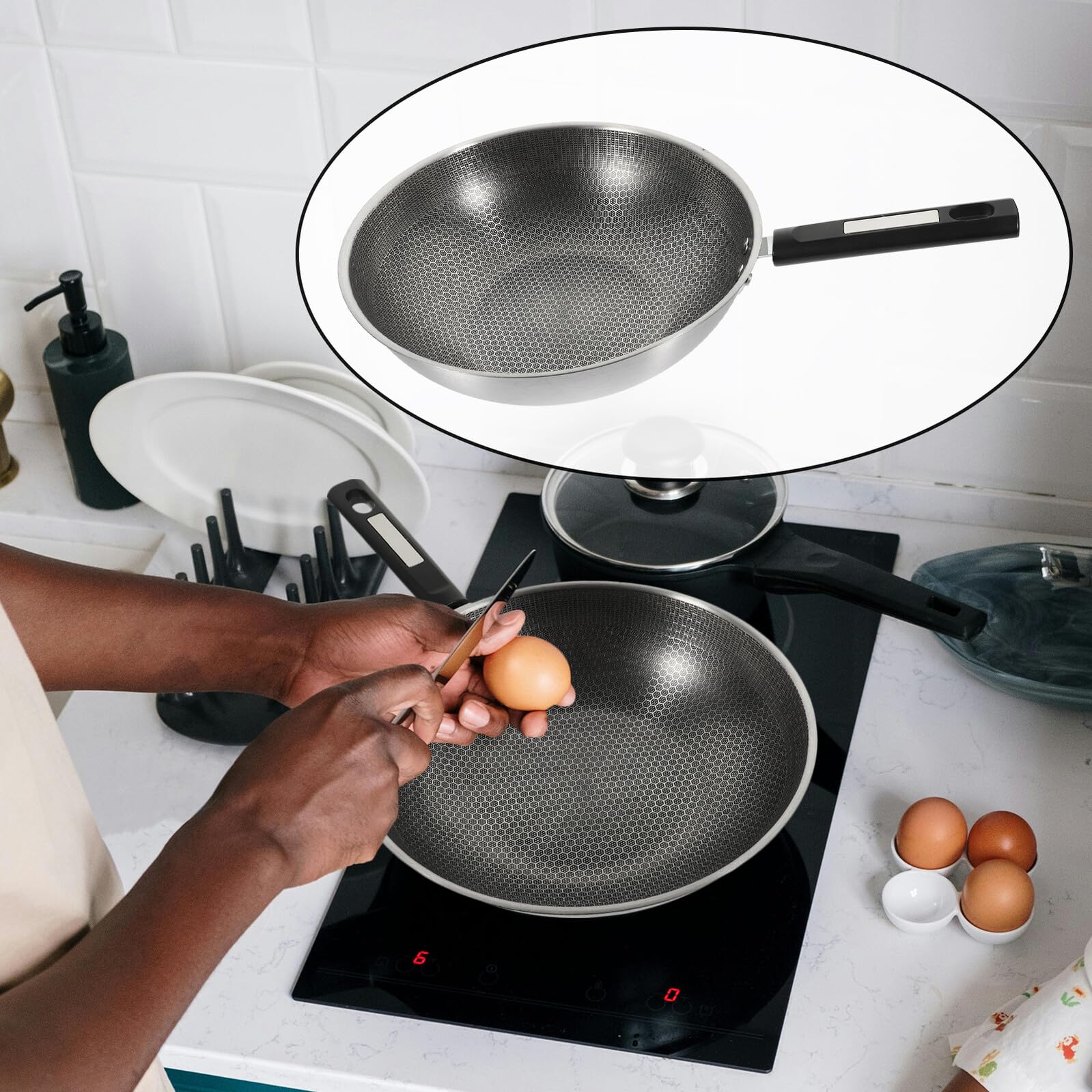 Housoutil Padella per in Acciaio Inossidabile e Antiaderente Rivestimento a Nido D'ape, Manico Ergonomico Fondo Piatto Cucina Quotidiana