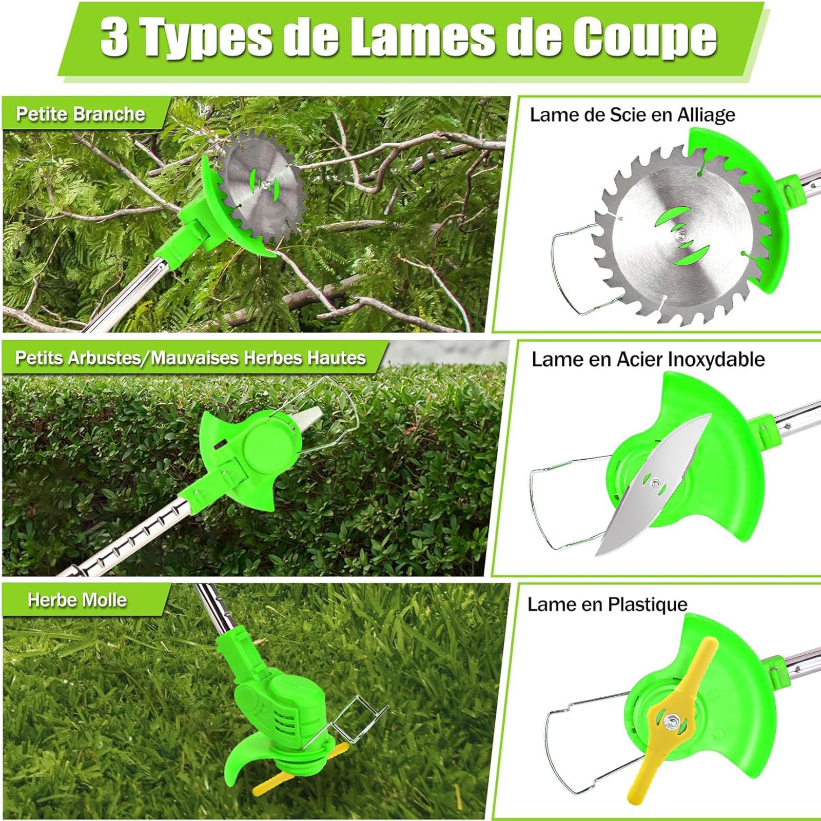 Débroussailleuse Sans Fil 21V 4000mAh – Coupe-Bordure Électrique 2 Batteries + Chargeur Rapide, 3 Lames, Roues, Léger & Silencieux