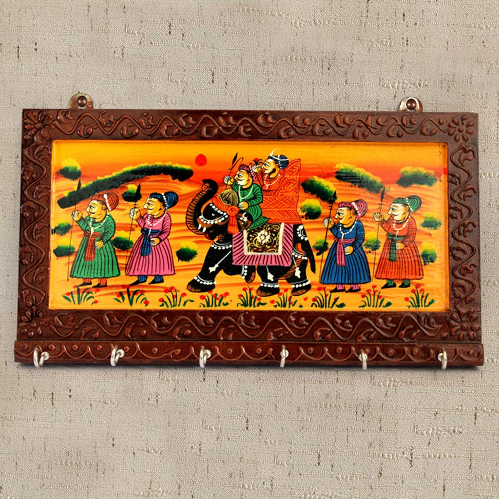 FabHome India Brown Color Wooden Rajasthani Art Work 6 Hook Hanging Key Holdey 1006