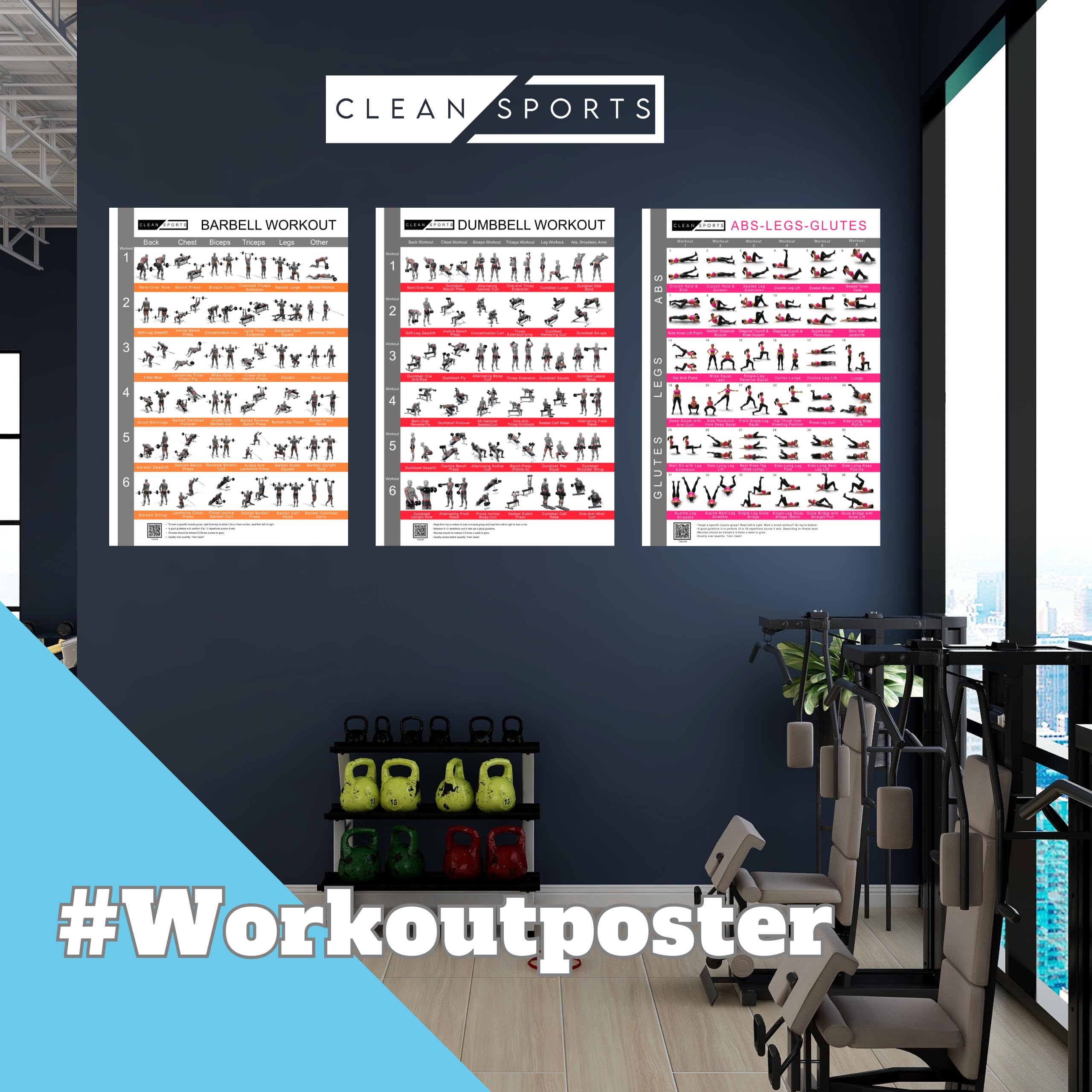 CLEAN SPORTS Póster de yoga DIN A1 con 168 asanas y poses de Hatha • Práctico póster de asanas para ejercicios en casa o en el estudio • Idea de regalo para principiantes y profesionales • Elegante
