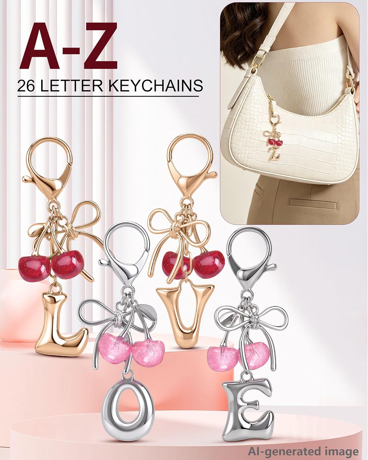 2 PCS Bubble Initial Keychain with Bow & Cherry,Cute Purse Charms for Handbags,Cherry Gifts for Women,Back to School Gifts image 3