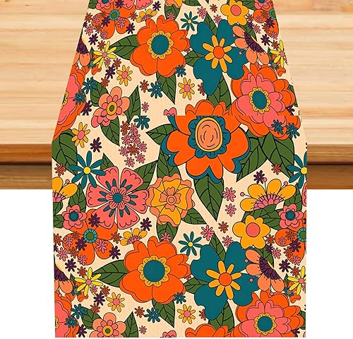 Miniatura 67 de Camino de mesa retro de los años 70, estilo vintage, arte abstracto moderno, verde, bohemio, espiral, ondas, granja, campo, cena, para el hogar,