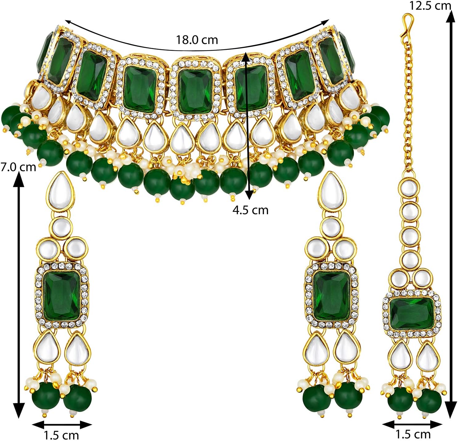 Aheli Traditional Faux Stone Nekclace Earrings Maang Tikka Bollywood Wedding Bharatanatyam jewellery set Gift for Women - Image 4