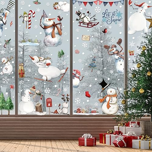 Miniatura 4 de Quera Calcomanías navideñas para ventana, muñeco de nieve, copo de nieve y más. 9 hojas, 7.8 x 11.8 pulgadas, decoración estática de ventana de PVC