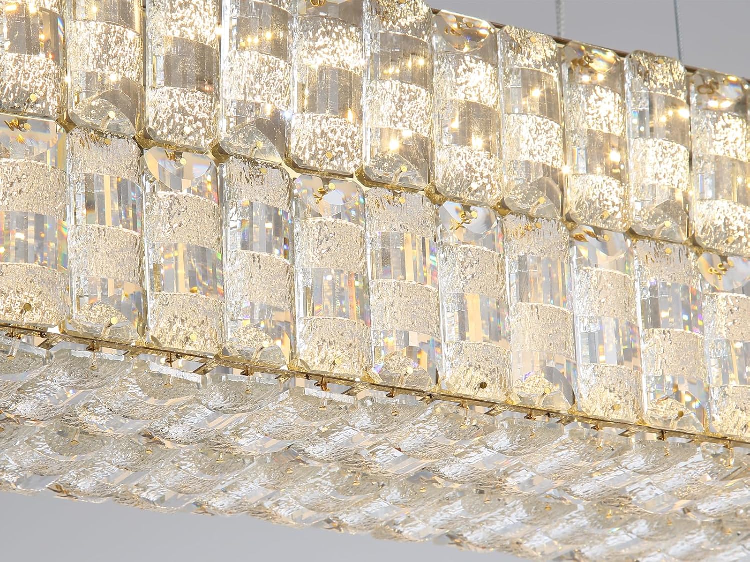 47 Inch Rectangular Crystal Chandelier Glam Dimmable LED Chandeliers for Dining Room Linear Pendant Light with Remote Control for Kitchen Island Gold
