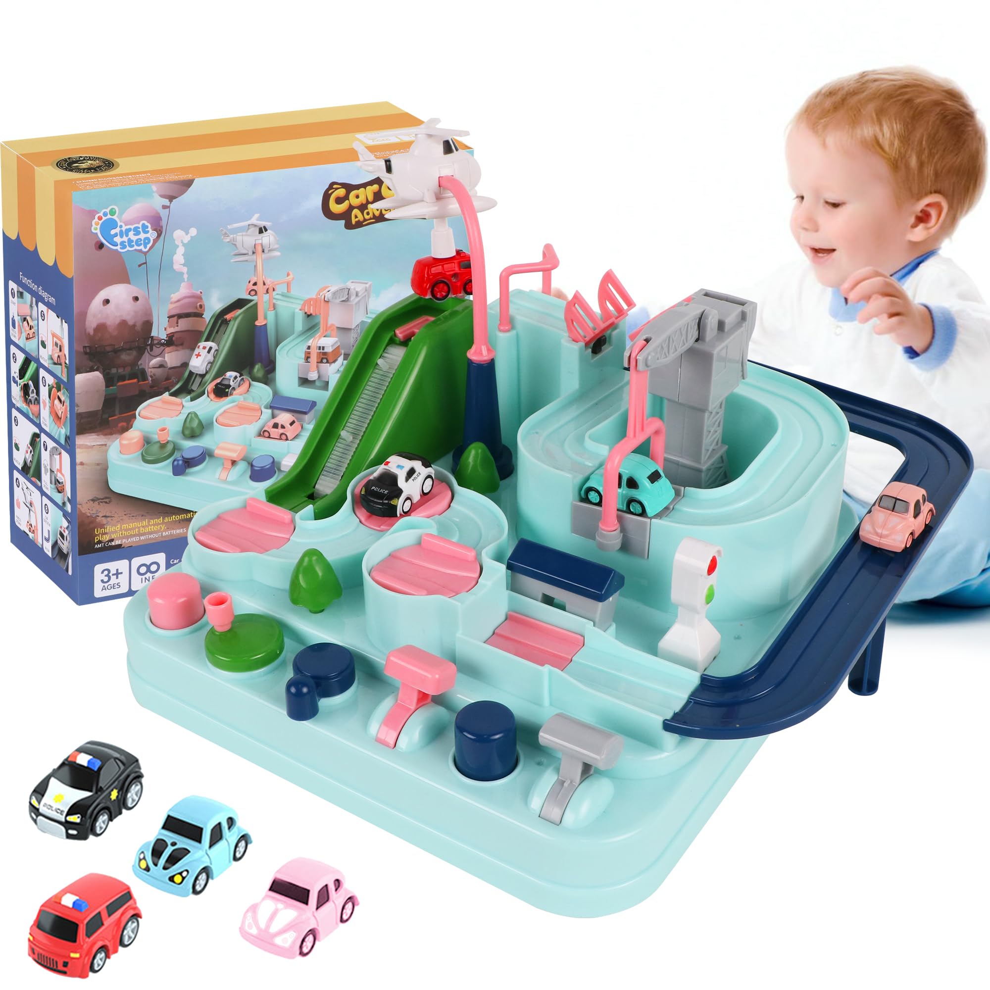 Car Race Track Toys for Kids: Car Adventure City Rescue Preschool Educational Toys - Vehicle Puzzle Car Track Playsets for Girls and Boys (Macaron)