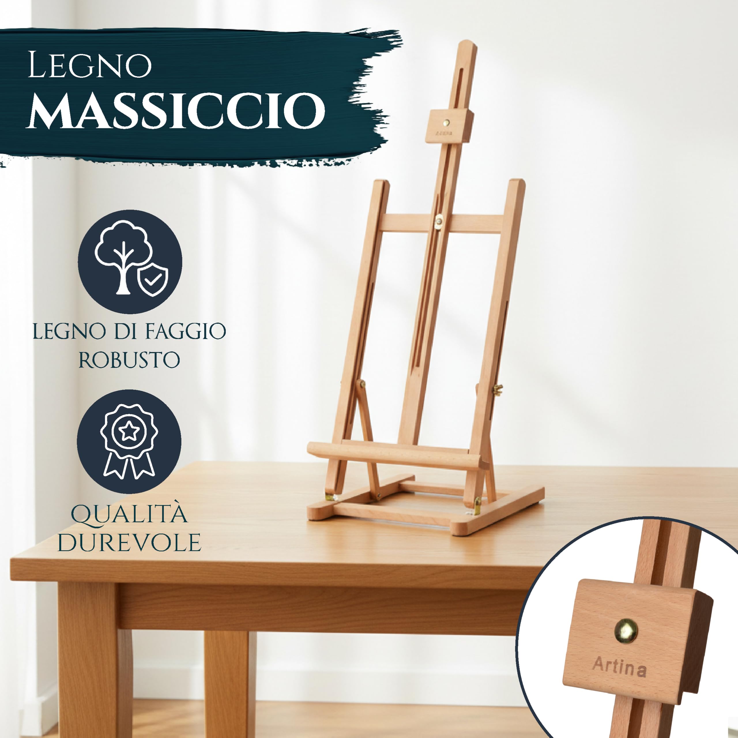 Artina Cavalletto da Tavolo Metz - Cavalletto Pittura in Legno massello di faggio - Tele Max. 62cm, inclinabile - cavalleto Stabile e Resistente - per artisti