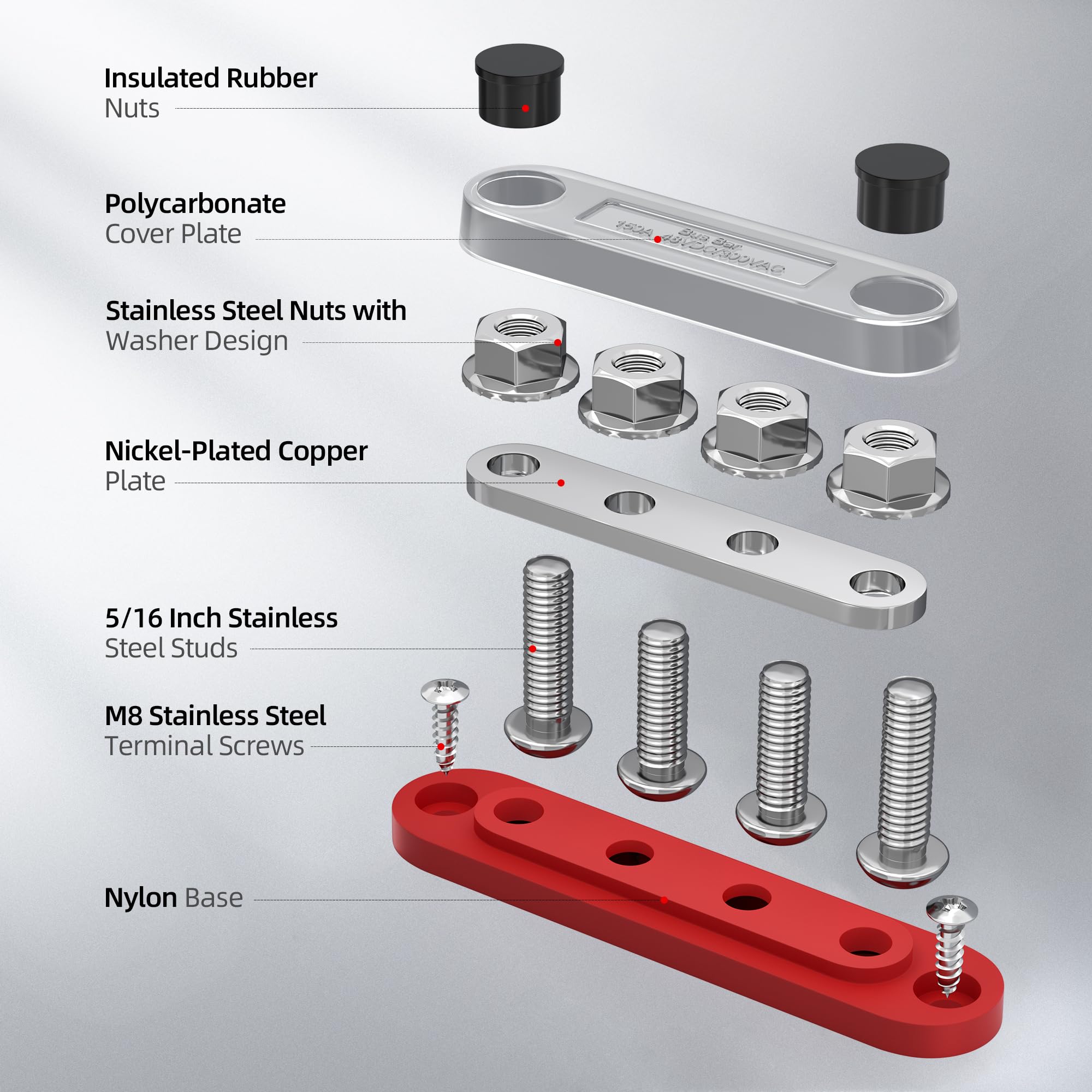 Joinfworld Sammelschiene Busbar 12V,150A Stromverteilungsblock,Marine Stromverteilerblock mit Abdeckung,6x3/8"Anschlussbolzen,bis 150VAC 48VDC,Positive & Masse-Sammelschiene für Auto