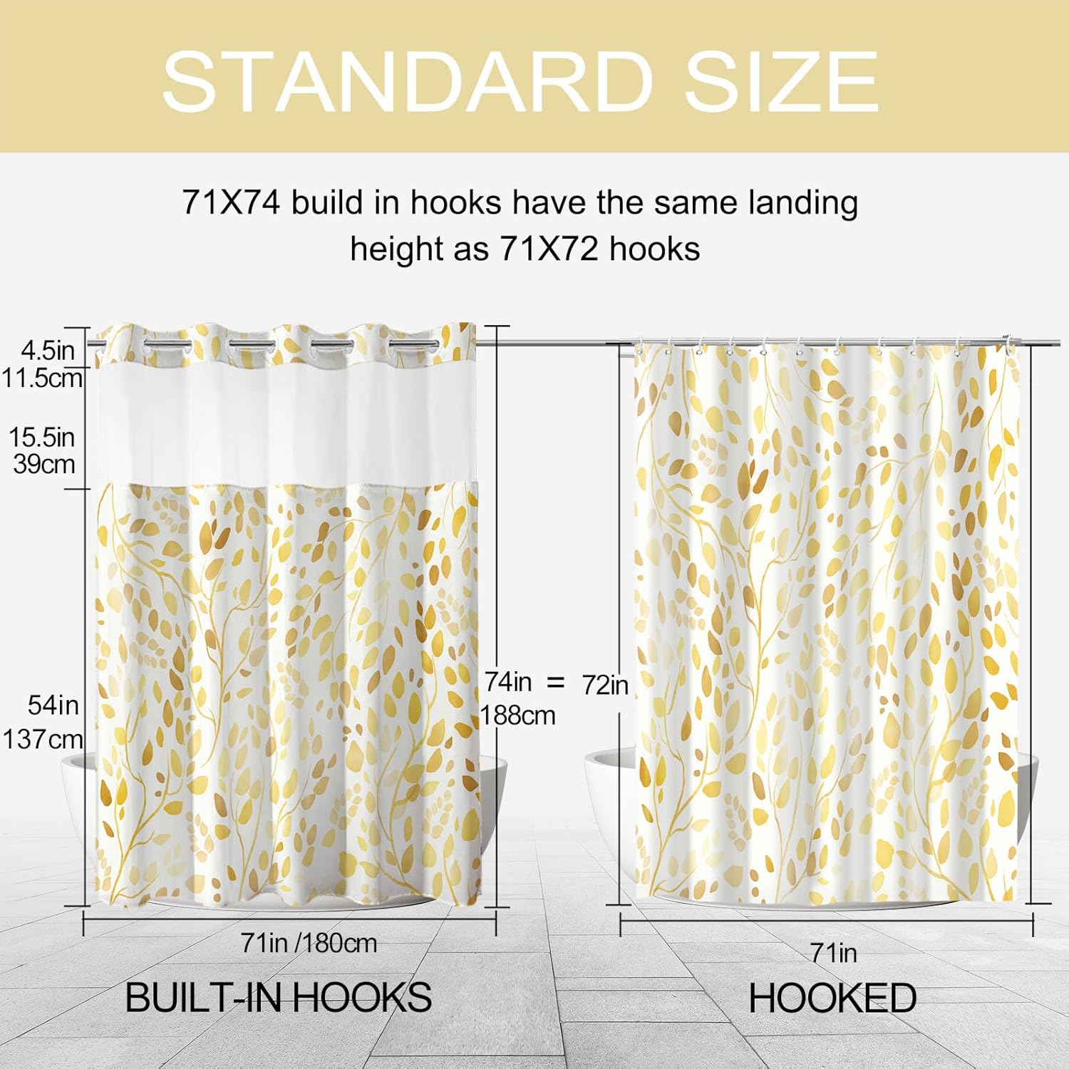 No Hook Shower Curtain with Snap in Liner Set, Boho Yellow Leaves Design, Waterproof Washable Fabric Floral Shower Curtains for Bathroom Decor with See Through Mesh Top Window 71x74 Inch