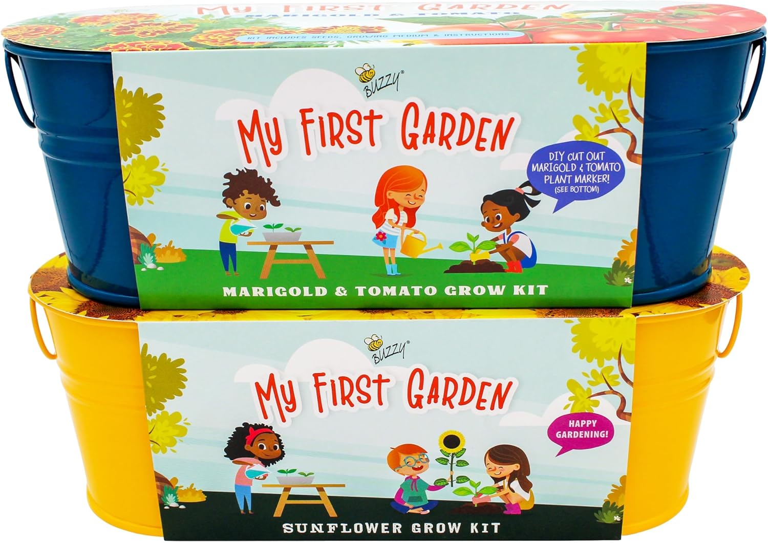 BUZZY 2 Pack Sunflower and Marigold Cherry Tomato Indoor Grow Kits with Yellow and Blue Planters, Non-GMO Seeds and Growing Medium, Windowsill Gardening Gift for Beginners