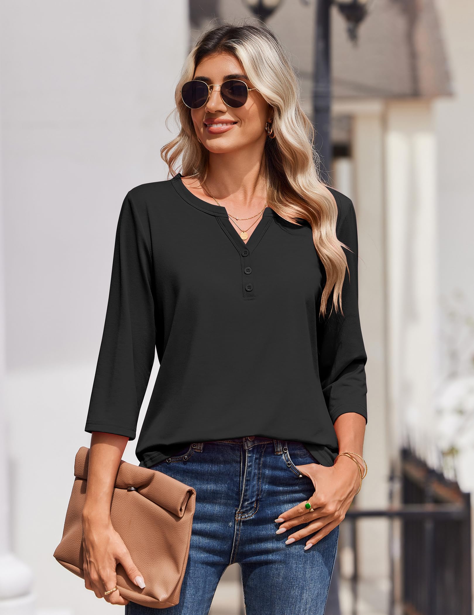 Zeagoo Tshirt Damen 3/4 Arm Shirt V-Ausschnitt Elegant Oberteile Locker Basic Top Tunika Bluse Sommer mit Knöpfen S-XXL - 3