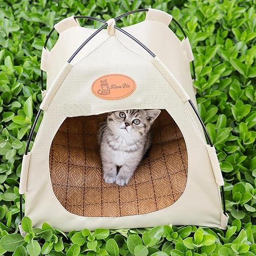 Miniatura 6 de Camas para gatos, tienda de campaña para interiores y exteriores con 10 juguetes, extraíble antideslizante, cueva para gatos, beige, plegable,