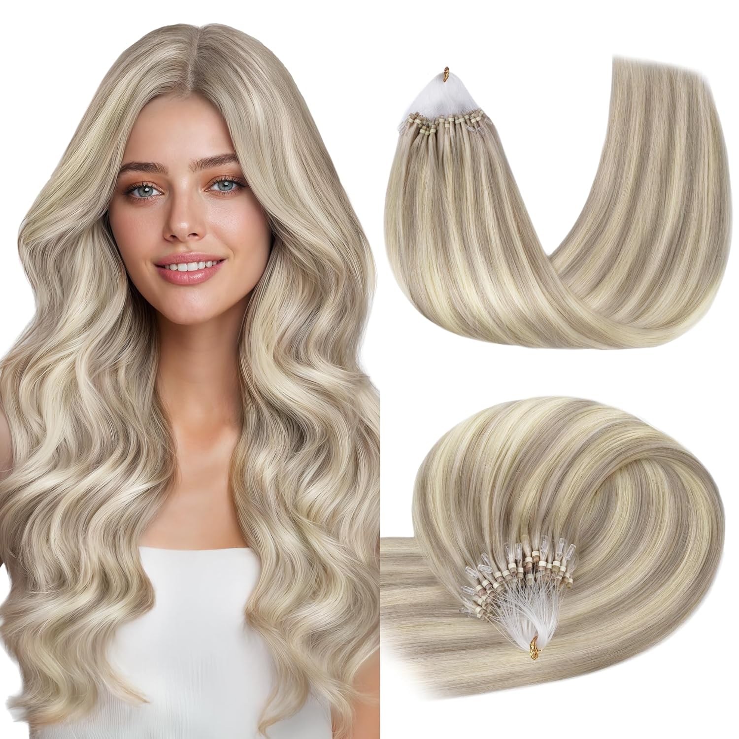GOO GOO Micro Link Hair Extensions Real Human Hair, 18inch 50g 50S, Invisible Remy Cold Fusion Micro Link, #18F/60A Balayage Light Wheat Platinum Blonde