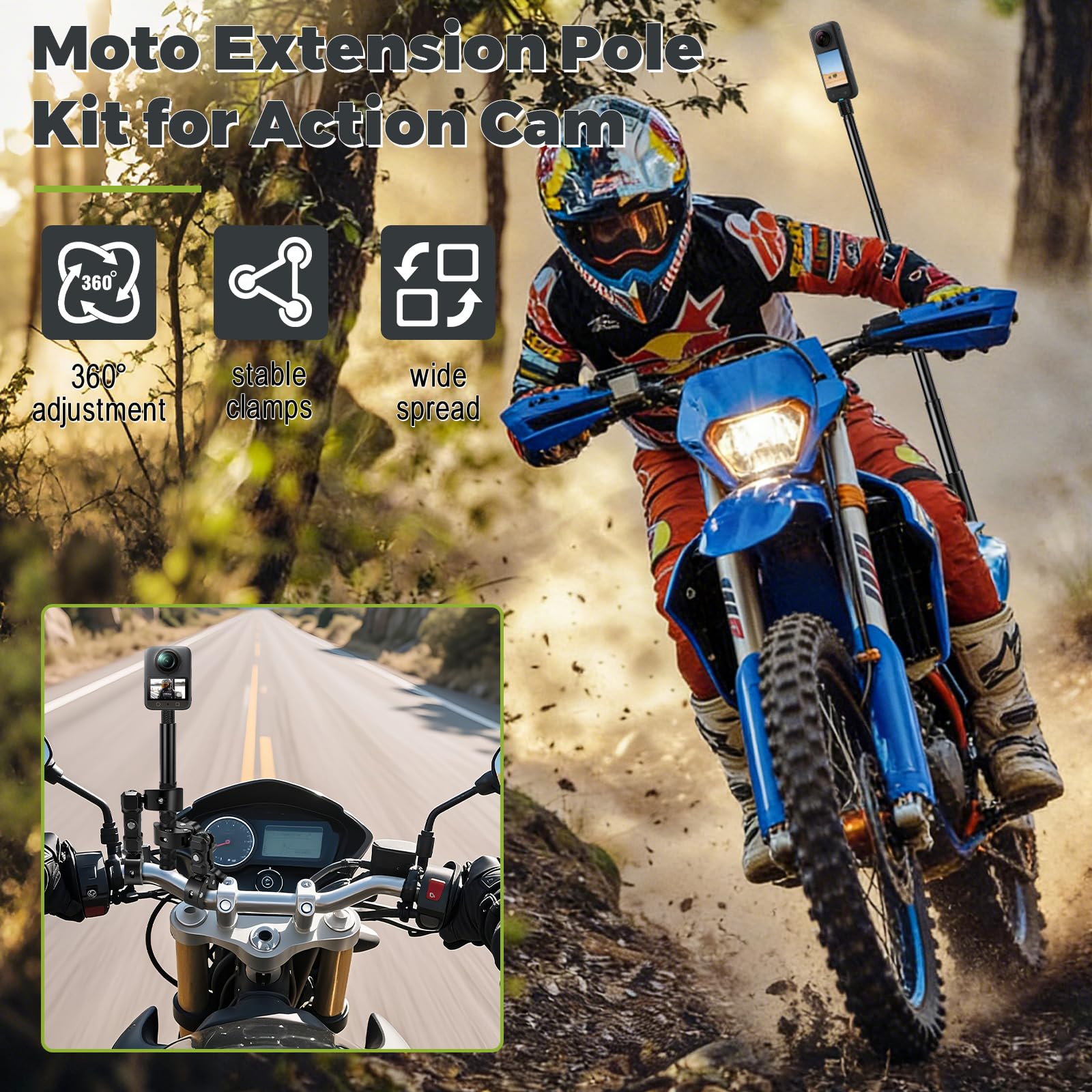 Motorrad Halterung für Insta360 X5 X4, Fahrradlenker Montageset mit 120cm Unsichtbarem Selfie Stick Double Clamp Kamera Zubehör für Insta 360 X5 X4 X3 ONE X2 GoPro Hero 13 12 DJI Osmo Pocket 3/4