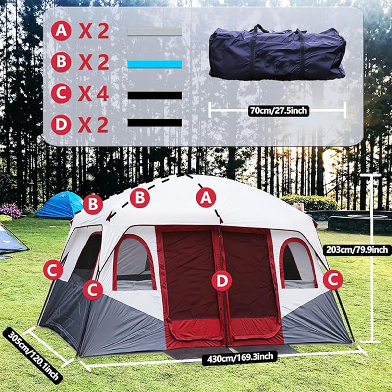 Tenda per 8-12 persone, Tenda familiare con 2 camere da letto, Tende da campeggio Ripari a doppio strato, Tenda esterna per campeggio familiare