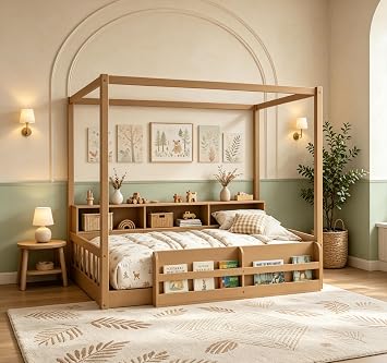 Bellemave Twin Size Floor Canopy Bed with Fence & Storage for Kids Natural