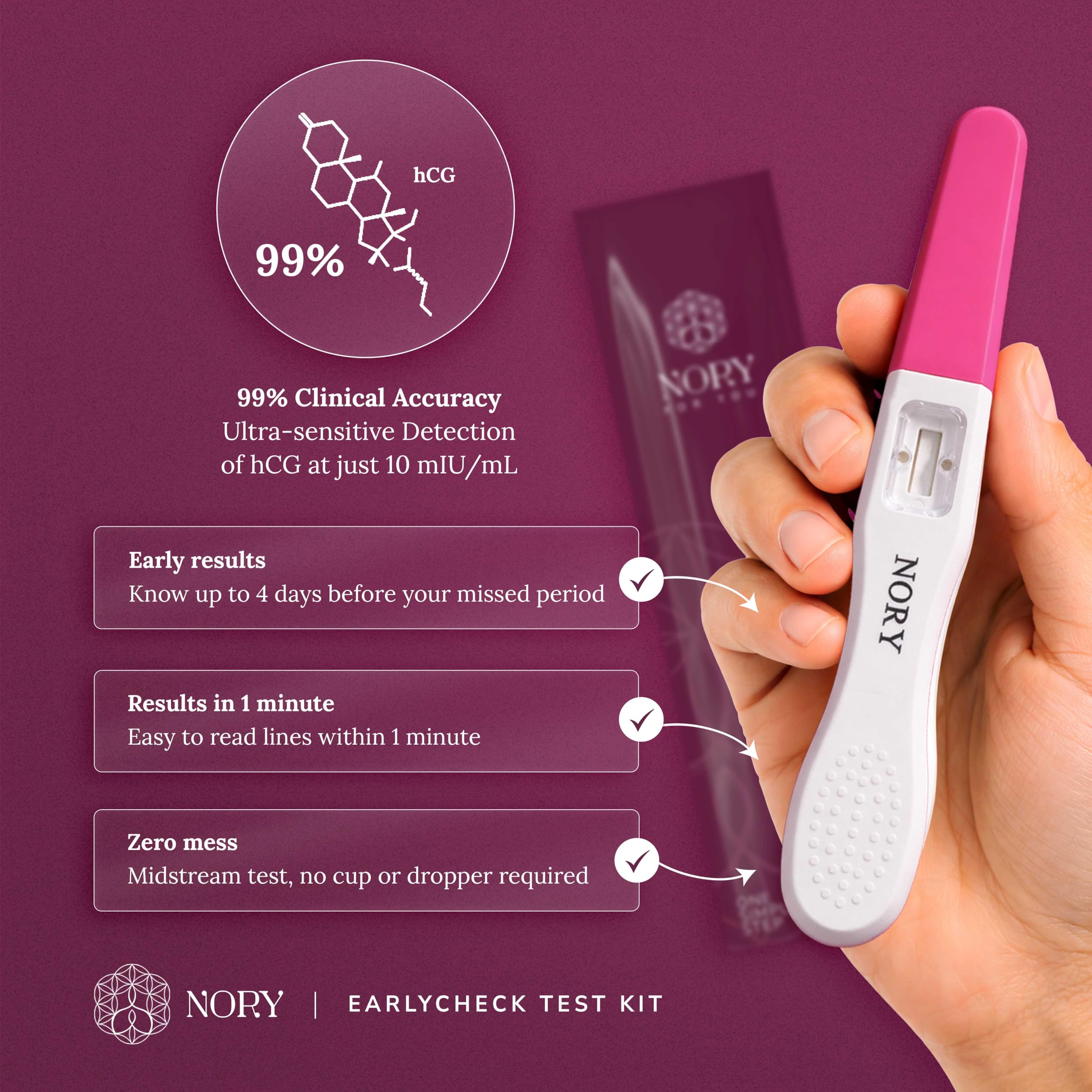 NORY EarlyCheck Pregnancy Test Kit – Detects 4 Days Sooner | Over 99% Accuracy | Ultra-Sensitive hCG Detection (10 mIU/mL) | Quick 1-Min Result | Midstream Test | Pregnancy Test Kit for Women 1