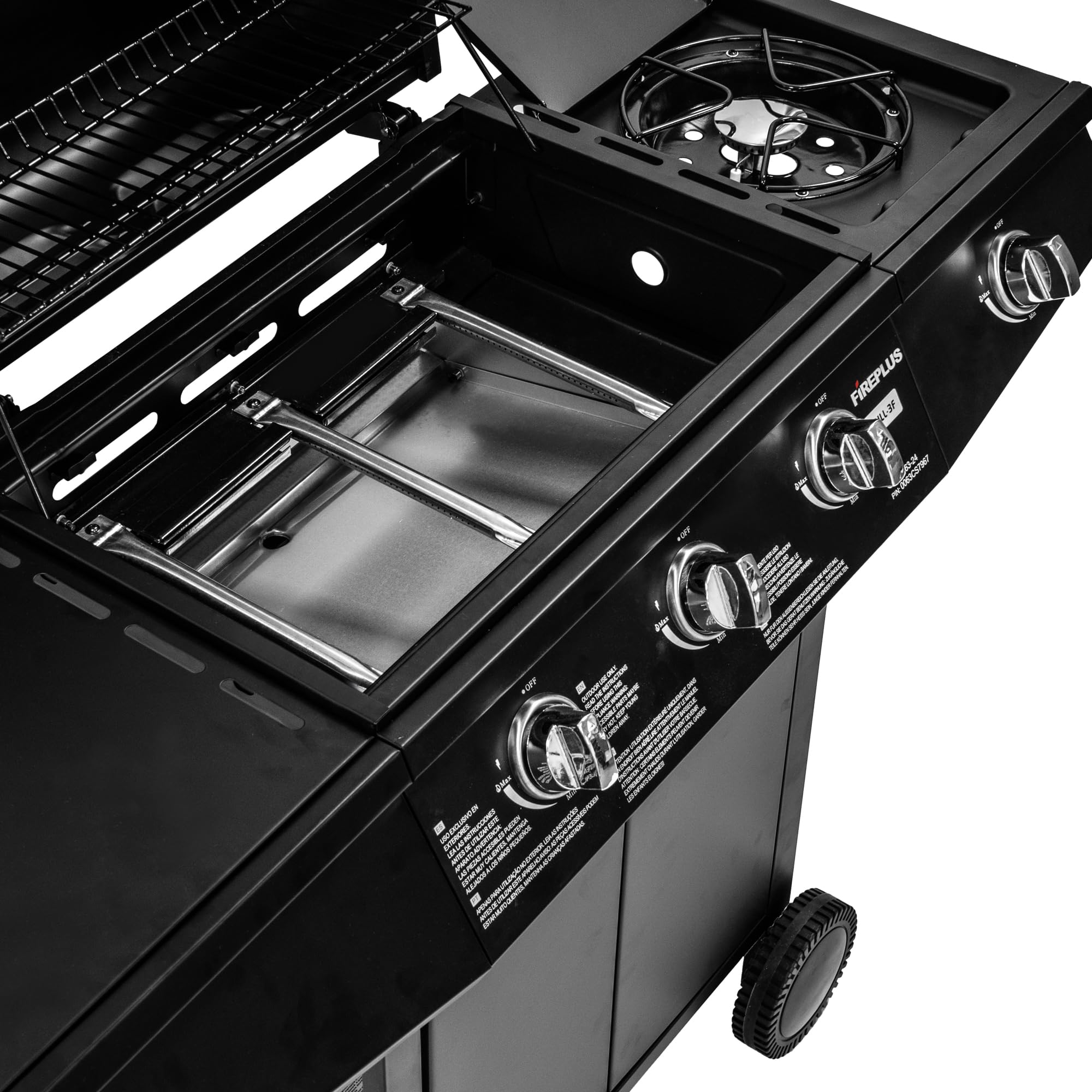 Amig - Barbacoa de gas Fireplus 3+1 de 8,4 kW - Acero inoxidable Negro - Parrilla con ruedas Modelo GRILL-3F - Barbacoa XXL con carro y termómetro - 117x52x103 cm - 4 quemadores y Bandeja lateral