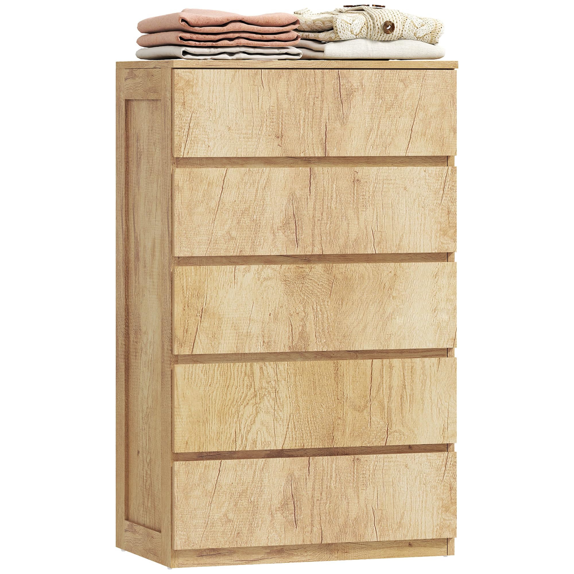 HOMCOM Cómoda 5 Cajones Diseño sin Tiradores 60x39x100 cm Madera Natural | Cómoda Dormitorio Moderna, Sinfonier, Cajonera para Sala de Estar, Comedor, Entrada