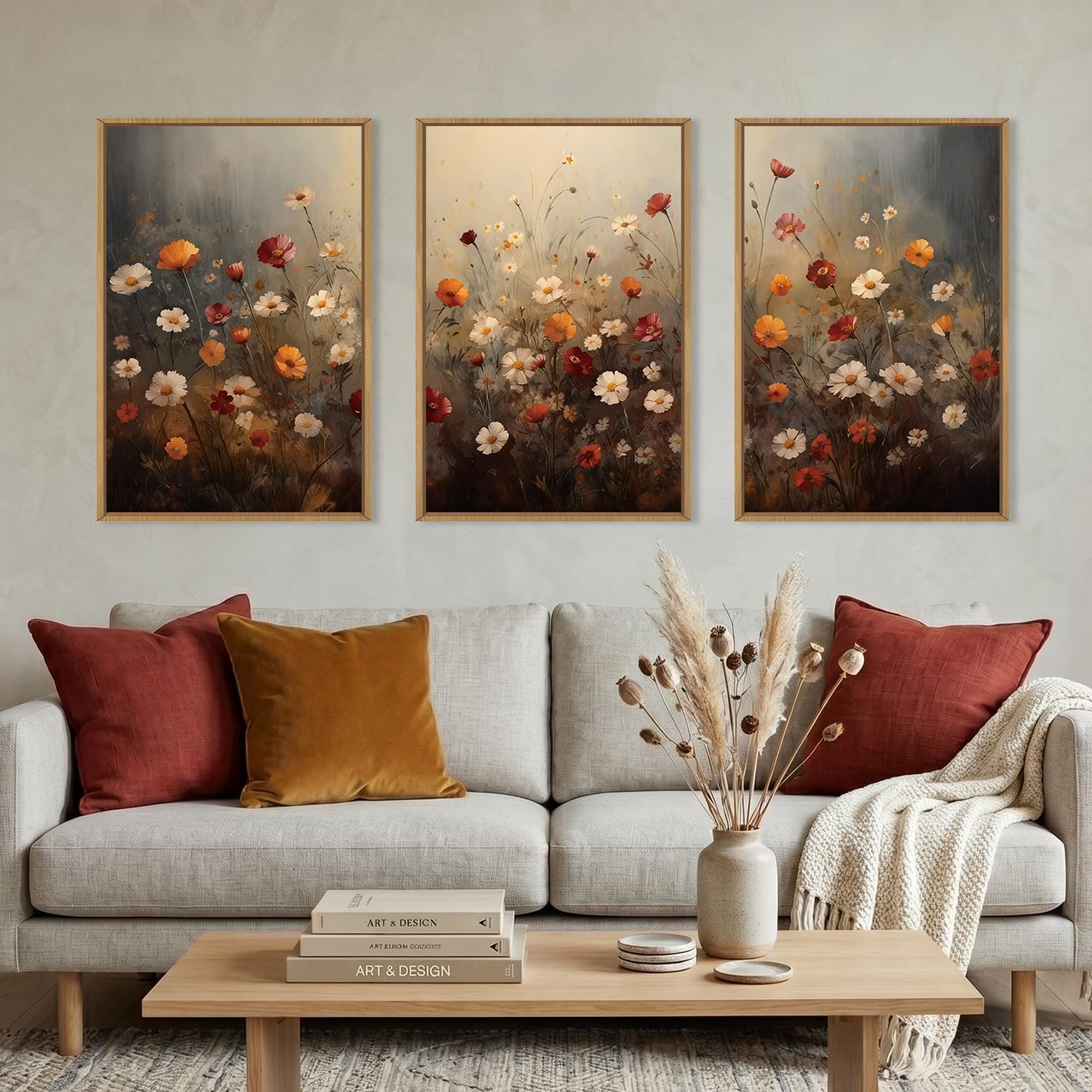 KAIRNE Moody Colorful Wildflower Framed Canvas Wall Art Set,Vintage Daisy Floral Wall Decor,Watercolor Flowers Art Prints,Rustic Botanical Artwork for Living Room,Bedroom,Farmhouse,Office-16 x24 x3
