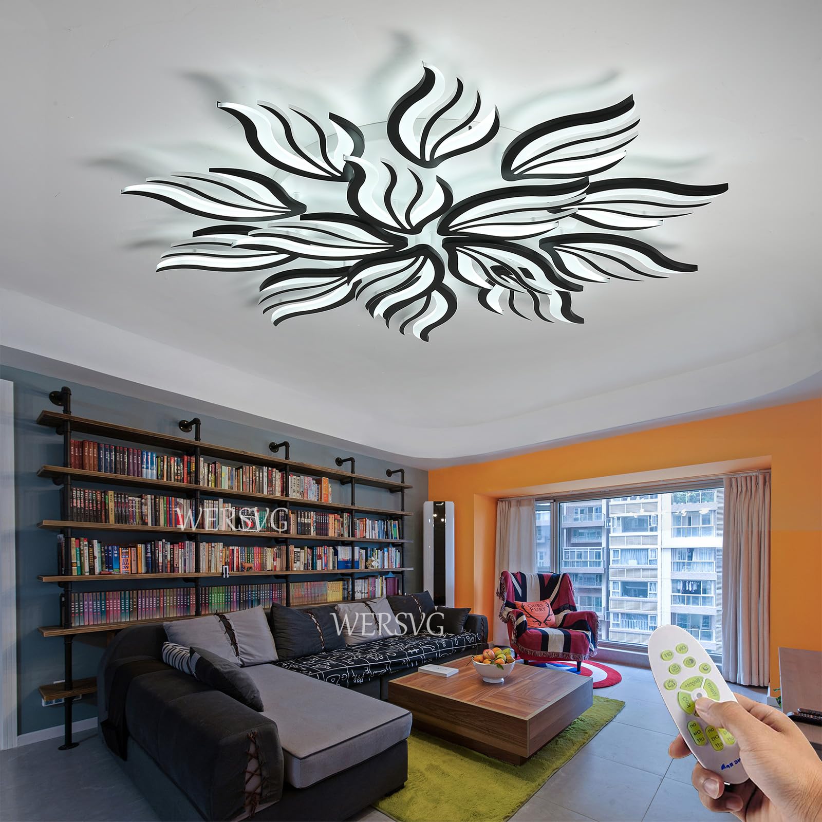 Nowoczesna lampa sufitowa LED Kreatywna czarna 15-płomienna lampa sufitowa Ściemnialna 3500K-6500K Z pilotem, Do salonu Sypialnia Kuchnia Jadalnia Lampa do przedpokoju Ø115cm, 145W
