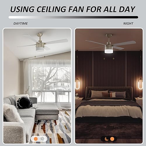 Miniatura 7 de Carro Ventilador de techo plateado de 52 pulgadas con luces LED, motor reversible silencioso, 3 velocidades, cadena de tracción y 2 opciones de