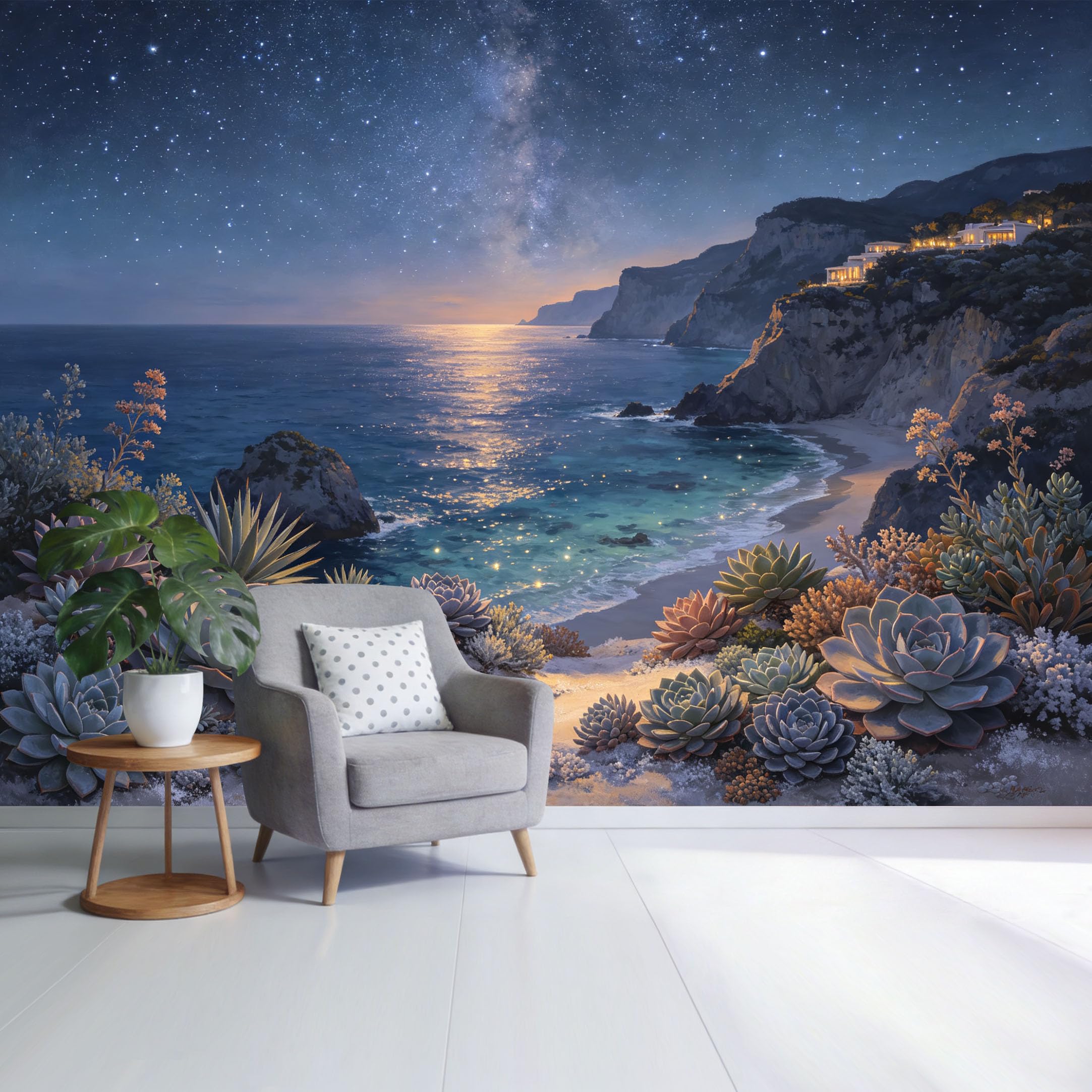 Custom Size Wall Mural Coastal Succulent Cliff Ocean Night Sky Landscape SelfAdhesive Wall Fabric Removable Wallpaper for Home Office Decor