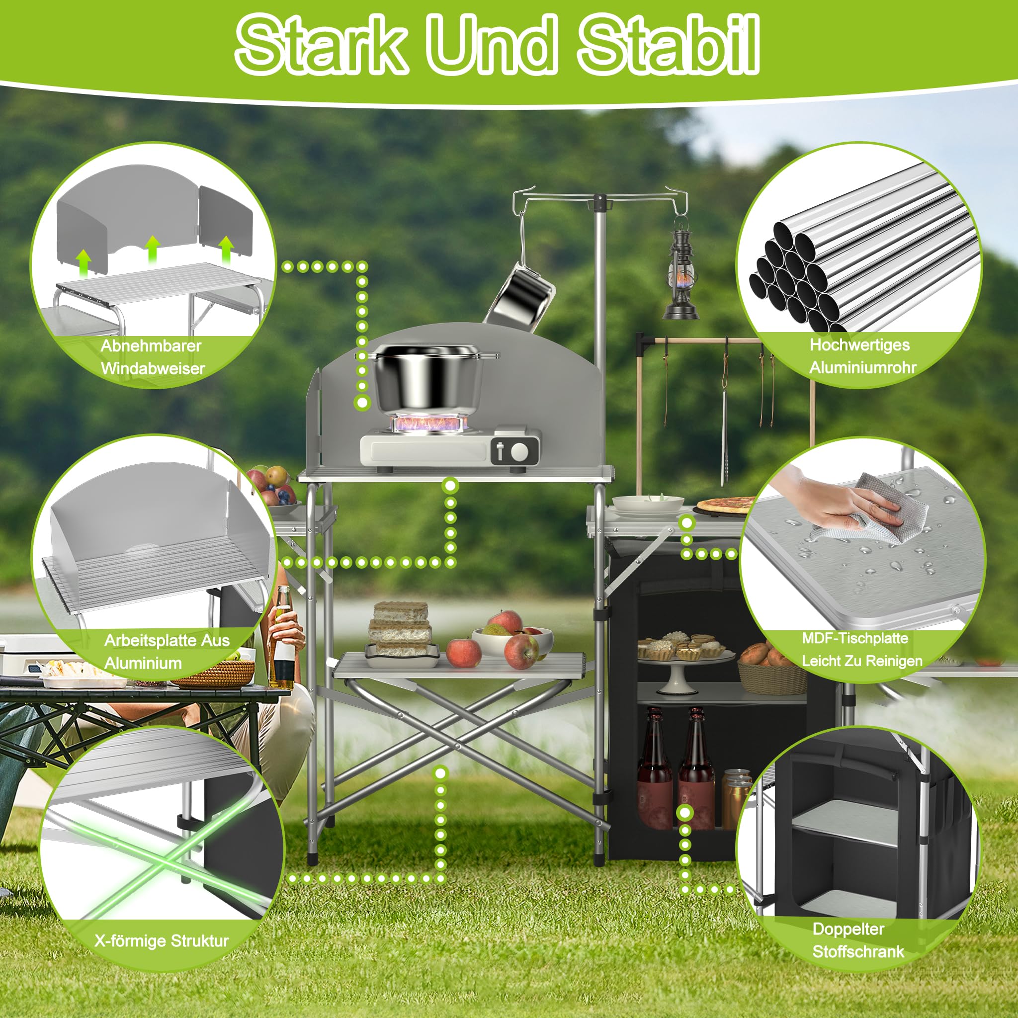YUENFONG Składana szafka kempingowa, stół kuchenny, kuchnia kempingowa, kuchnia podróżna z aluminiową ramą, przenośny mebel kempingowy, z 3 ochroną przed wiatrem, płotem i torbą do przenoszenia, na