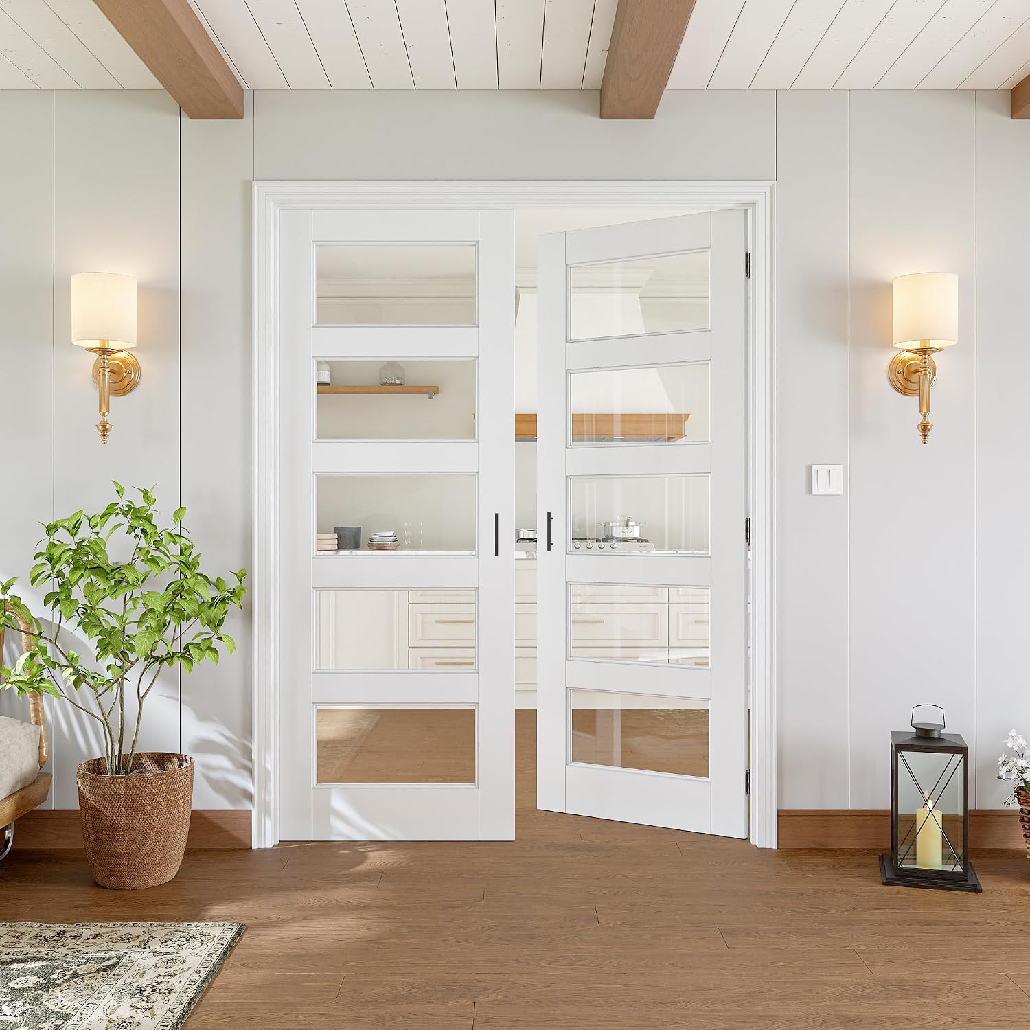 48x80 inch Interior 5-Lite Clear Glass French Door White Primer Frosted Solid Core with French Door Accessories(Black Hardware), Assembly Required