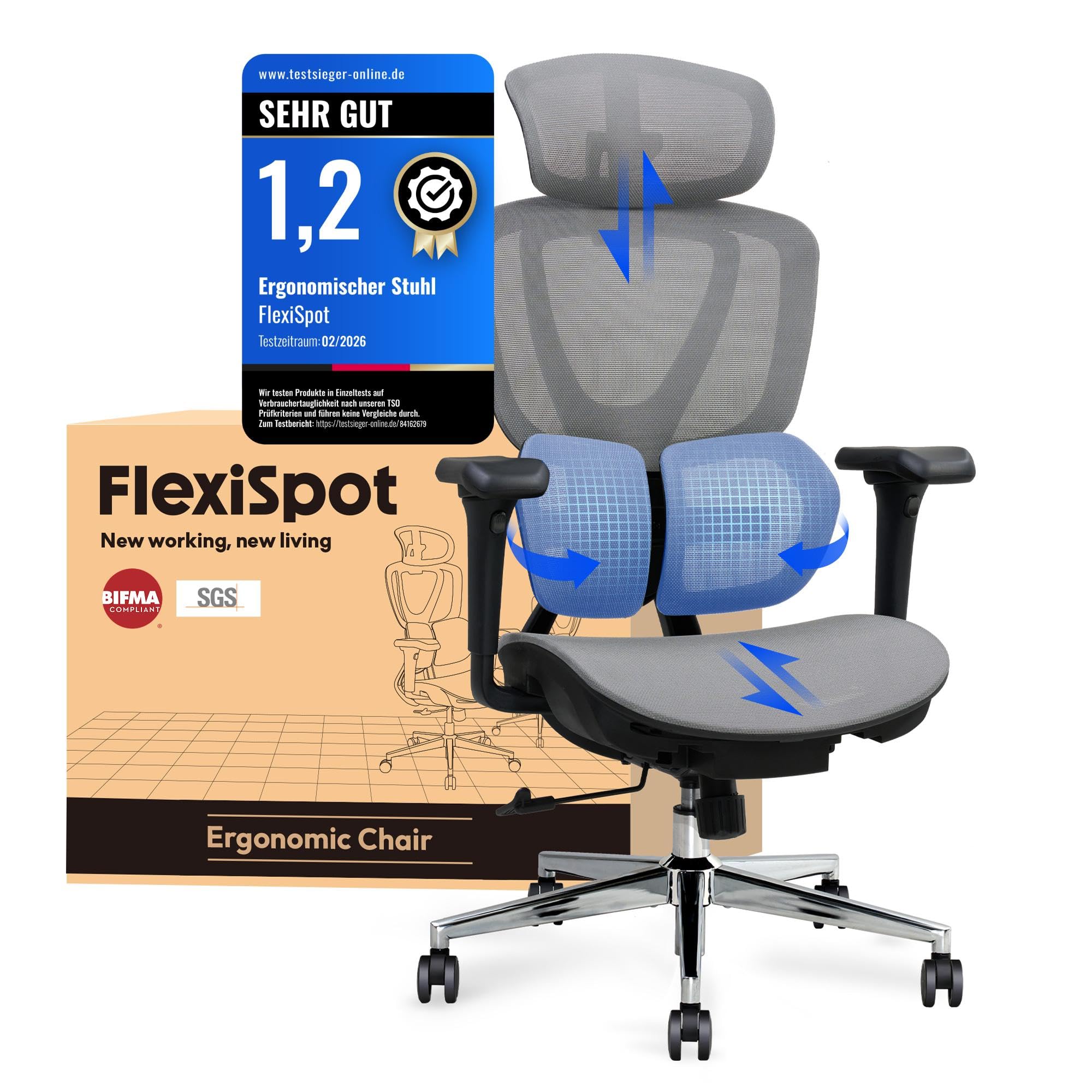 FLEXISPOT Ergonomischer Bürostuhl mit Dual Wing Lendenstütze, 3D-Kopfstütze & Armlehnen, Verstellbarer Sitztiefe, Rückenlehne & Neigung Arbeitsstuhl für Büro & Home Office (Grau)