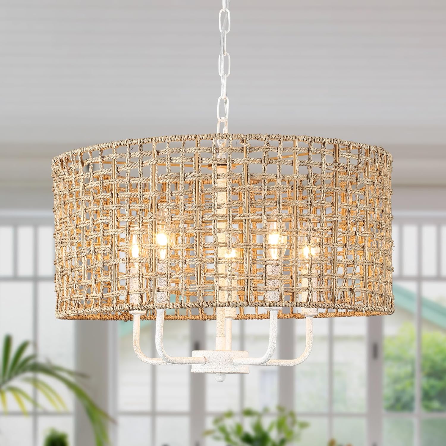 Rattan Chandelier 5-Light Farmhouse Boho Pendant Light Fixture for Dining Room Brown and White Woven Chandeliers for Ceiling Light,Bedroom,Living Room,Foyer,Kitchen Island,Coastal,Stairway,Hallway White and Brown